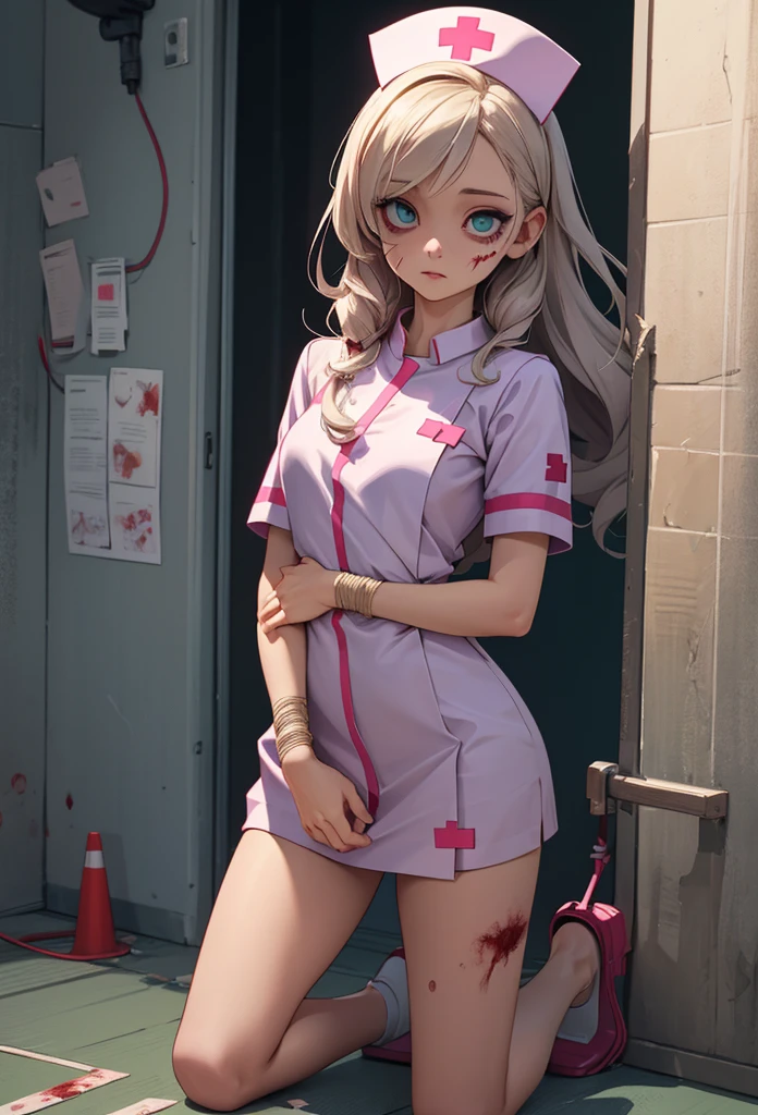 (Detailed illustrations,Very detailed and detailed drawing,Delicate lines with slow and rapid,Realistic texture expression),[Color tressed main line],Inorganic concrete room[Night Hospital],(Japan adult female[28 year old](Zombie Nurse))Hair put together [SKINNY((Small breasts))][pale skin](sickly look),[[bandaged]Bondage Fashion],[Return blood],(Fine and beautiful skin expression [Transparency]),[完璧な目のdetaileds (Iris beautifully drawn in every detail)[Jewel-like eyes]],[long and beautiful eyelashes],[Meticulously drawn hair],(完璧な手のdetaileds [Beautiful fingers without breakdowns [Beautiful nails]]),(Perfect Anatomy(Perfectly proportioned))[[Full body like]],[Ideal color coordination(Accurate simulation of light-material interactions)],([Precision Detail](detaileds,high-detail)),[[Pale and gentle colors]][Visual art that conveys a sense of narrative] [[Eros in the Natural Body]].