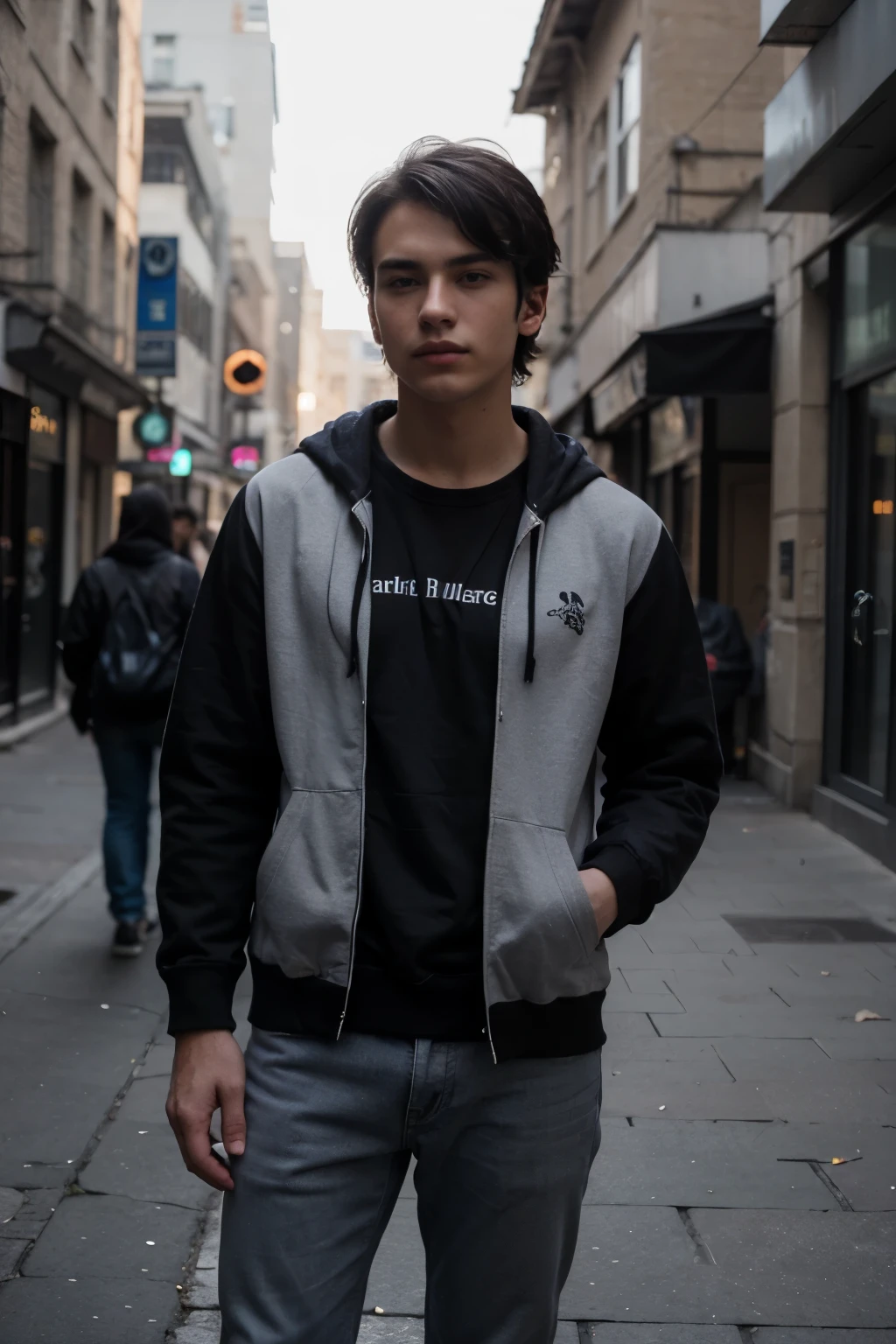 ((best quality)), ((masterpiece)), (detailed), perfect face men 20 years old, with short black hair. Standing and hand on pocket Wear a black hoodie and jeans. dark street like cyberpunk