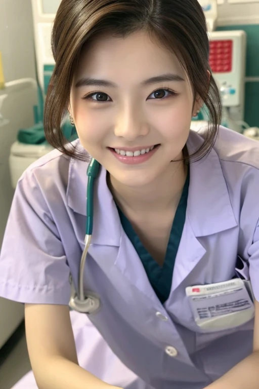 top-quality、masterpiece、real 20 year old woman、nurse、((nurseキャップ))、hospitals、Hospital room、Hairstyle is short、a smile、hight resolution、
