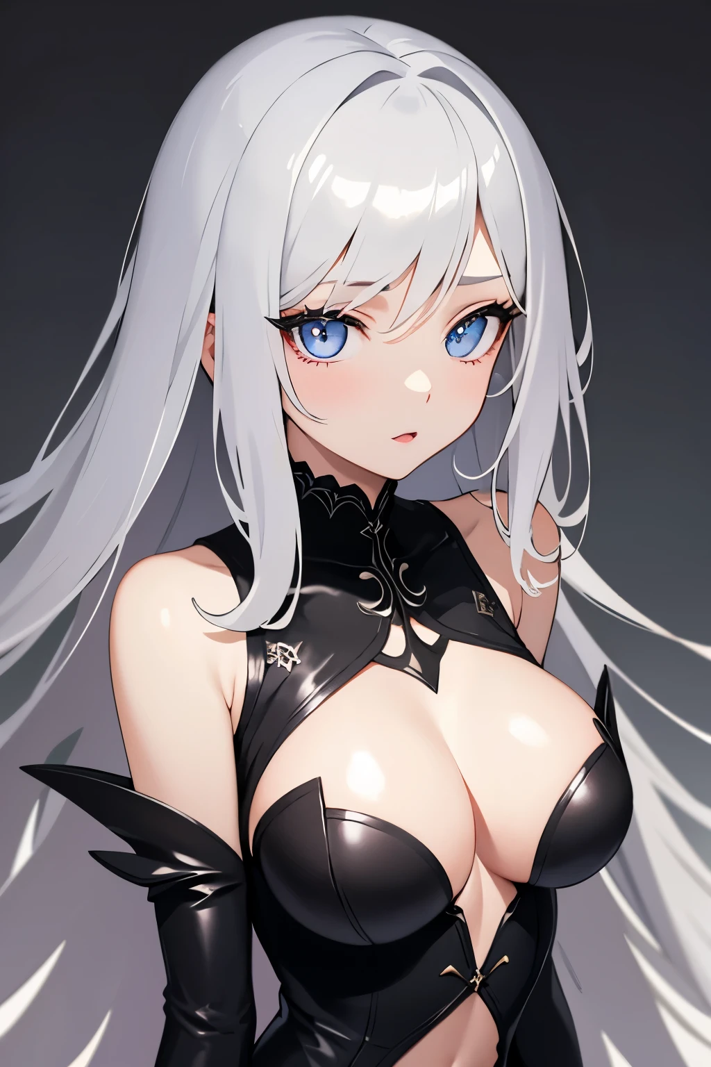 1girl, anime, cute girl, blank background, white background, fantasy, detailed dark fantasy dress with highlights, beautiful face, beautiful eyes, dark colors, silver hair, slightly small breasts, slight cleavage, beautiful skin, cute, breast curtains, extremely delicate and beautiful, (beautiful detailed face:1.0), (detailed deep eyes), symmetrical breasts, deep eyes, shiny skin, portrait, slender waist, hips wider than shoulders, thighs, young girl, expressionless