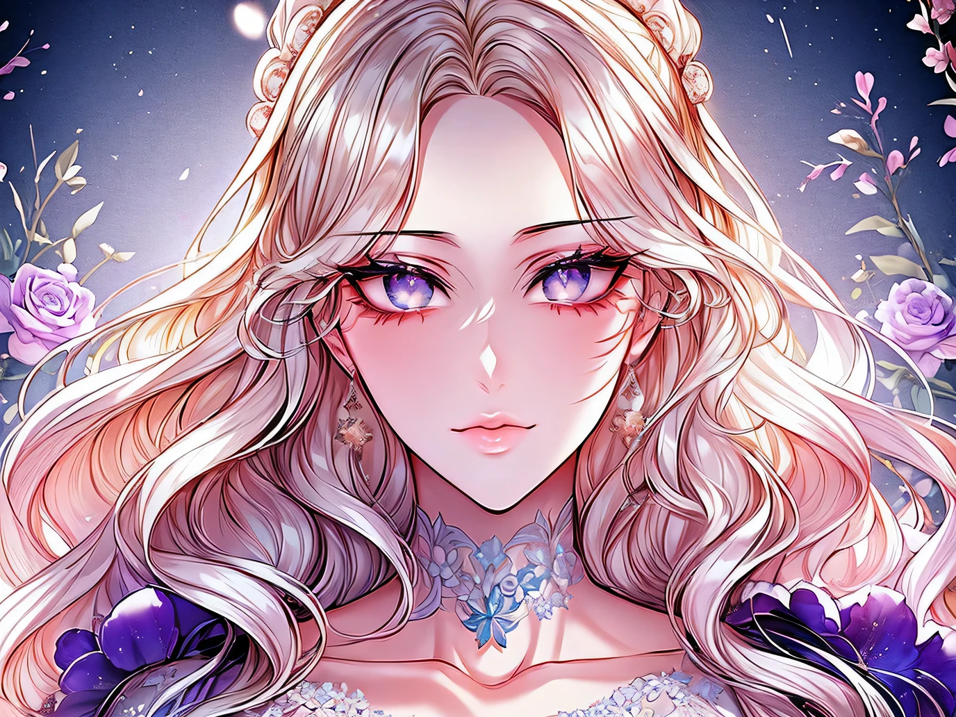 ((shoujo-style, Floral background, Romance Manfa)), (close up), (1girl in:1.2), platinum-blonde-hair, Solo, Long hair, flower, Dress, Thick eyebrow, blue flower, Wavy Hair, Closed mouth, 鎖骨, Breast, cleavage, Puffy Sleeve, white Dress, purple Dress, elbow groves, earrings, Necklace, Hair Bow, Face Focus, Beautiful face, Detailed eyes, pupils on, Looking at Viewer