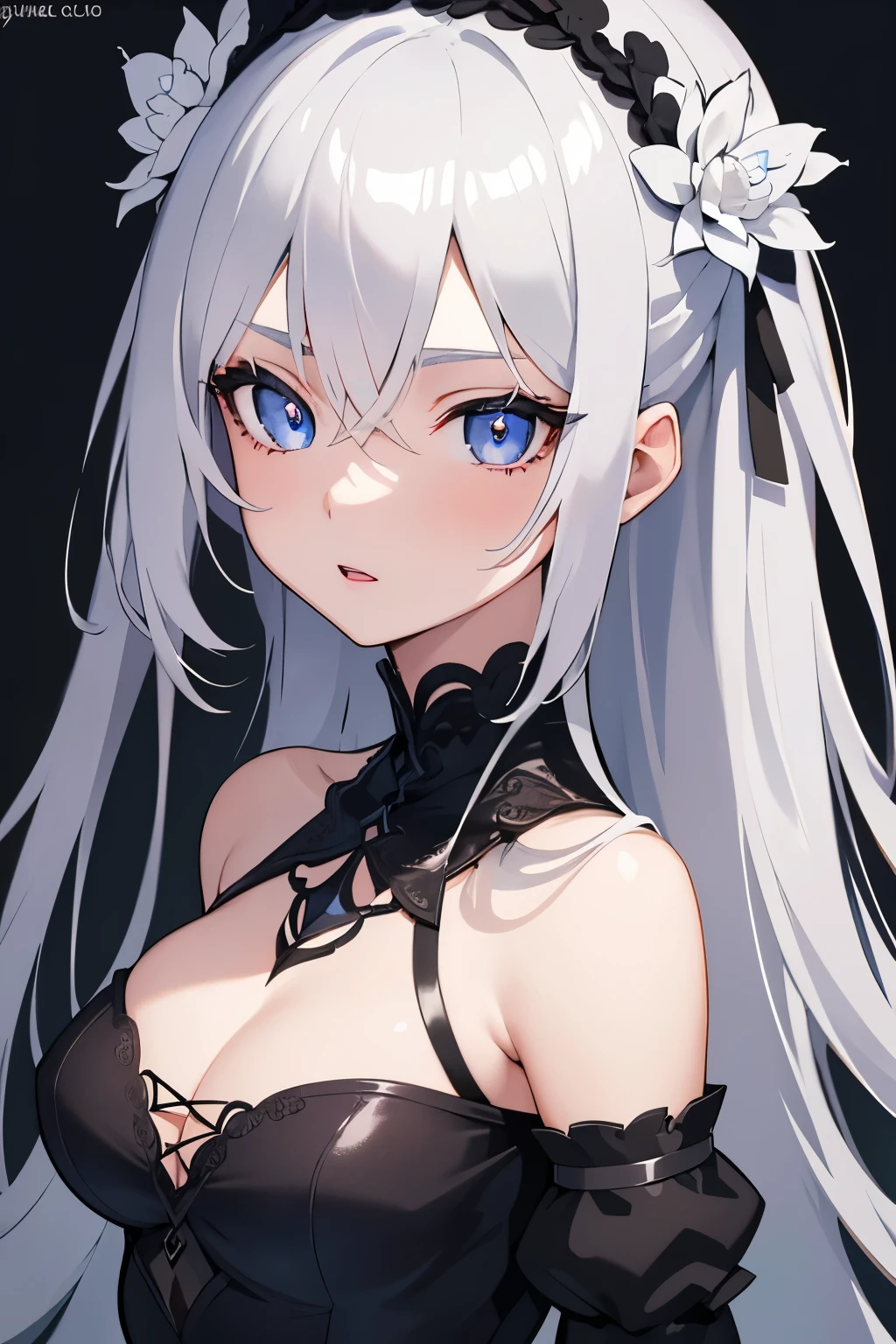 1girl, anime, cute girl, blank background, white background, fantasy, detailed dark fantasy dress with highlights, beautiful face, beautiful eyes, dark colors, silver hair, slightly small breasts, slight cleavage, beautiful skin, cute, breast curtains, extremely delicate and beautiful, (beautiful detailed face:1.0), (detailed deep eyes), symmetrical breasts, deep eyes, shiny skin, portrait, slender waist, hips wider than shoulders, thighs, young girl, expressionless