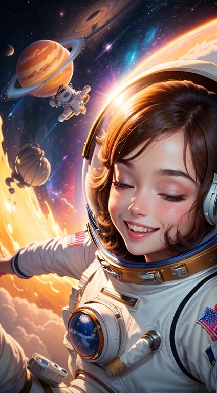masterpiece, best quality, Half body portrait, 1girl, anime, 3D, realistic, teen girl, smiling, cute face, short hair, astronaut helmet, starry universe background, true light, bodysuit, beautiful, sexy, colourful, nsfw, smooth skin, illustration, by stanley artgerm lau, sideways glance, foreshortening, extremely detailed, high resolution, ultra quality, glare, Iridescent, Global illumination, realistic light and shadow, hd, 8k