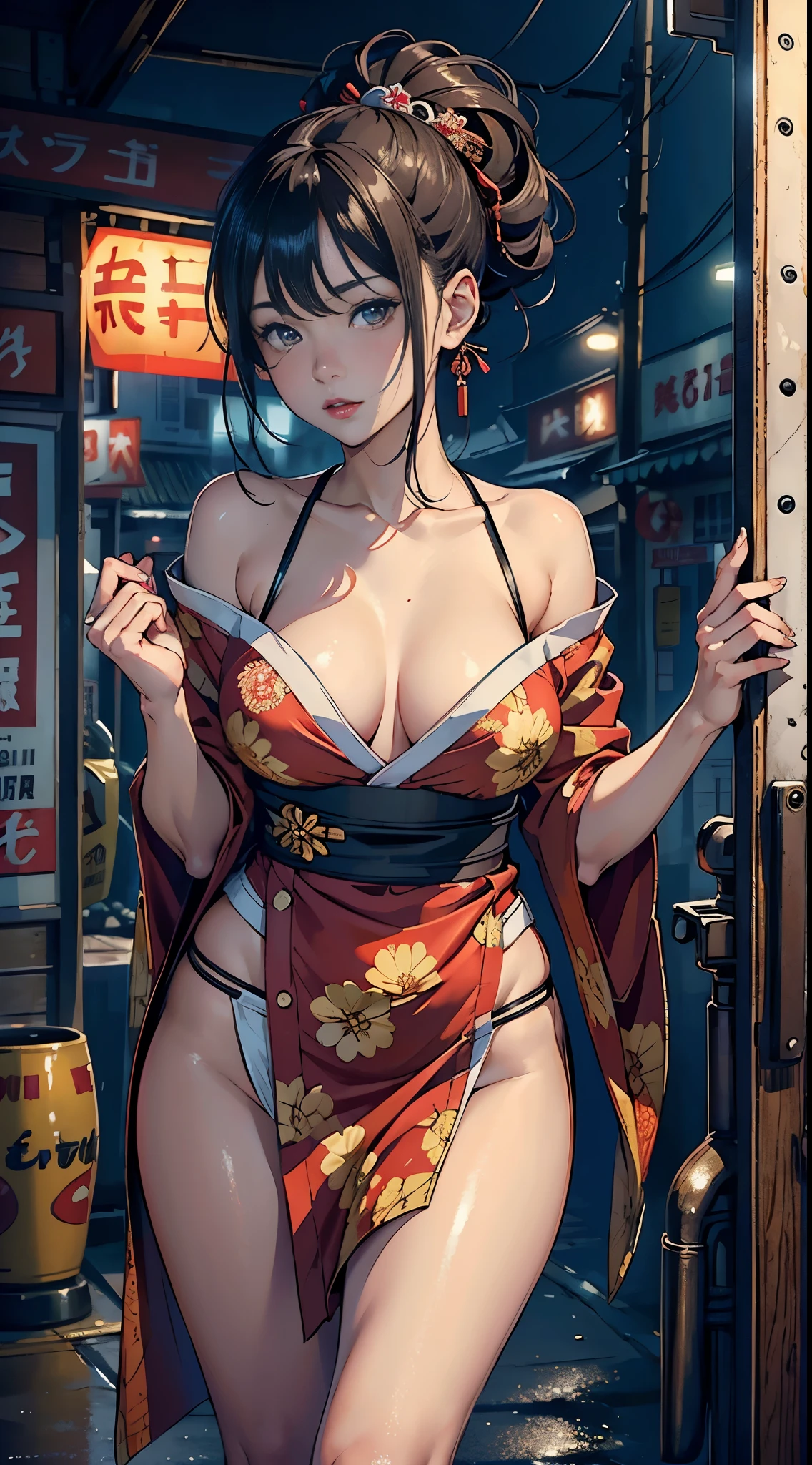 ((Extremely detailed CG unit 8k wallpaper, masterpiece, A high resolution, quality,)), ((one very beautiful woman, of expressions, lush lips, pose like model:1.5, upper part of body, Japanese style short outer box, Japanese design super lost short sleeves,Japanese patterned robe)), (disheveled black hair, White-skinned, small), ((corner store,the night,Bright street )),