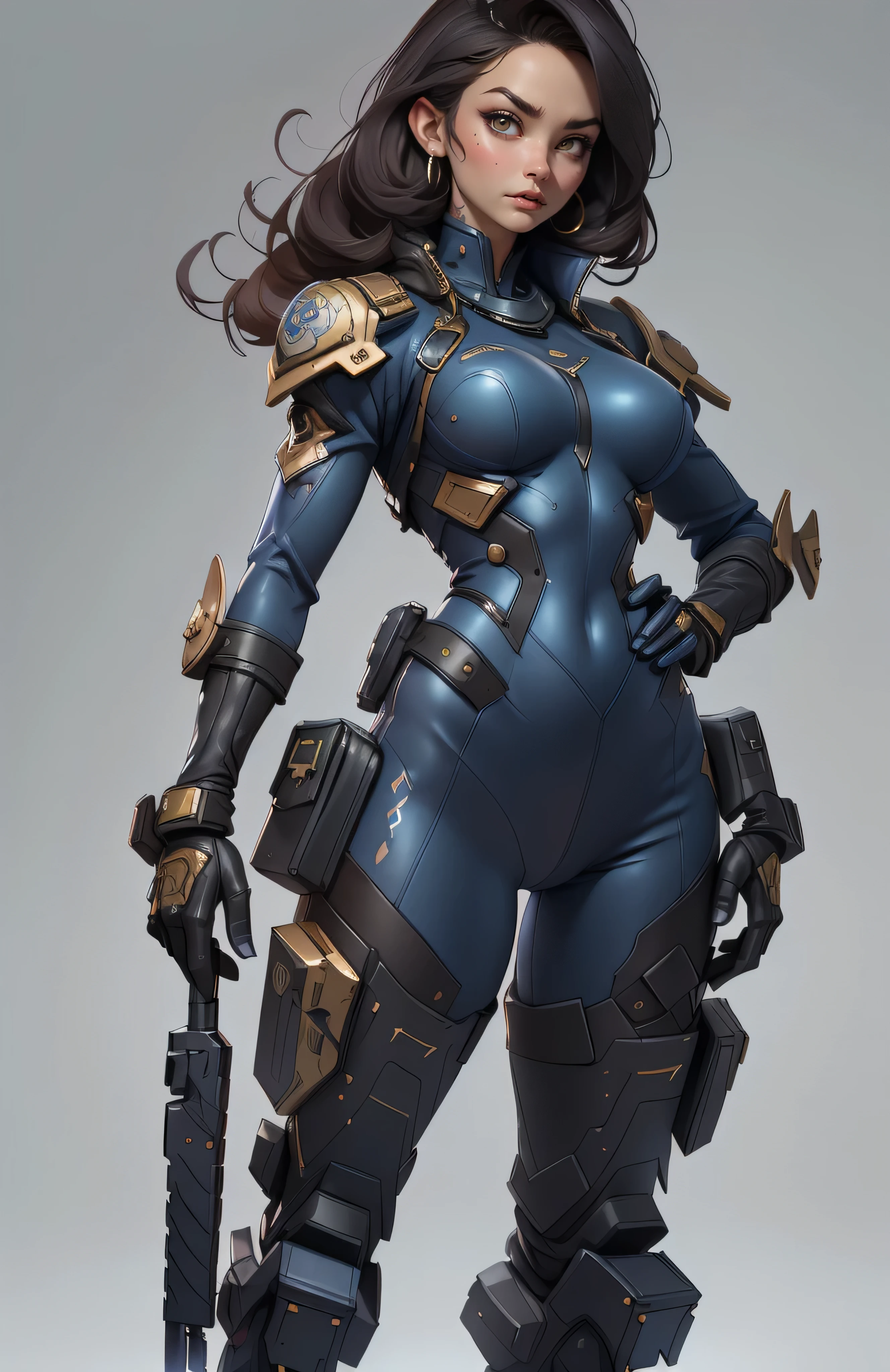 11:23(((Best quality: 1.4))),(无与伦比的tmasterpiece), (hyper HD),(Hyper-realistic 8k CG)、(dark colored hair) ((( body))), (((1 girl in))), 25-year-old American soldier with perfect body,,Beautiful and well groomed face,muscular body:1.2,Solid royal blue jacket with details, (Pictures from head to thighs), Complex equipment, royal blue,long trousers,The clothes inside are dark,Clothes with armored metal electronic parts, Poison tattoos ),Gorgeous and fearless female warrior, fit and muscular body, military shirt, bshoulder, Dark blonde hair, tattooed arms, Full detail on the face, Killing eyes, high detal, actual, Photoquality, high high quality, (photoactual:1.4), The content is very detailed, tmasterpiece, high high quality阴影,