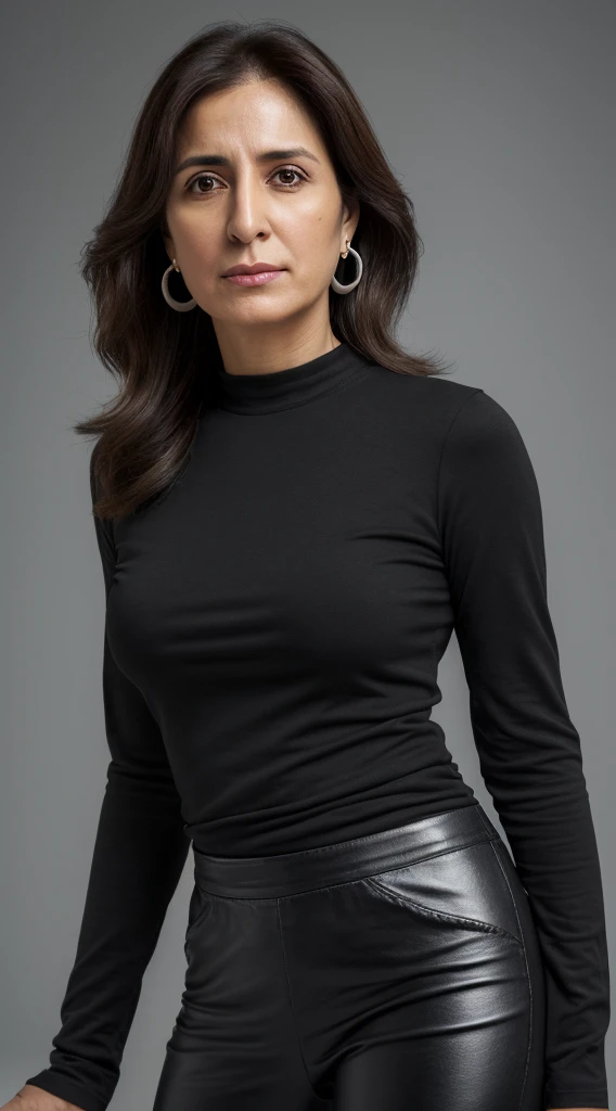 a woman with a black shirt and earrings, 40 years old, ana de la reguera-nika maisuradze-ayamin kojima-leni robredo merged, entire person visible, wearing a black long sleeve tshirt and long leather pants, entire body visible, full body, hyperrealistic, best quality, 8K, real human skin, masterpiece, extremely intricate, medium closeup, detailed eyes, detailed face, detailed body, exaggerated features, pronounced features