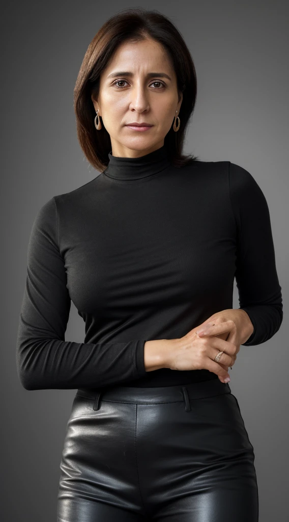 a woman with a black shirt and earrings, 40 years old, ana de la reguera-nika maisuradze-ayamin kojima-leni robredo merged, entire person visible, wearing a black long sleeve tshirt and long leather pants, entire body visible, full body, hyperrealistic, best quality, 8K, real human skin, masterpiece, extremely intricate, medium closeup, detailed eyes, detailed face, detailed body, exaggerated features, pronounced features