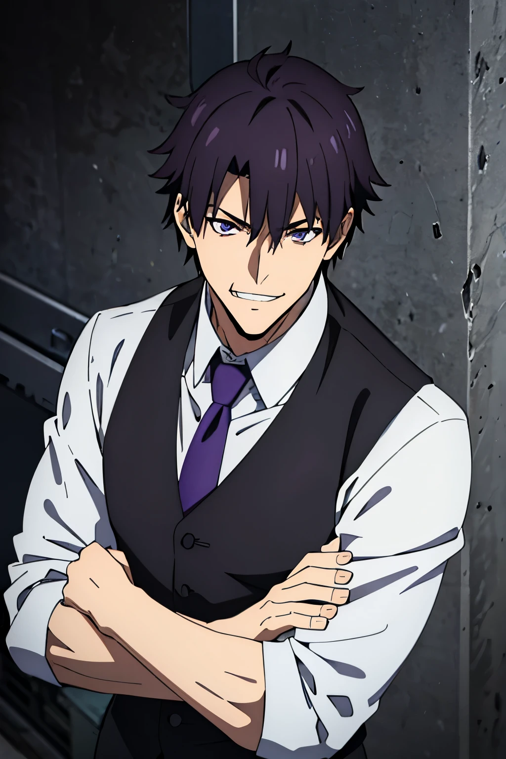 1male, solo, dark purple hair, violet eyes, muscular male, side part hair, evil smirk, white collar shirt, push up one's sleeves, no tie