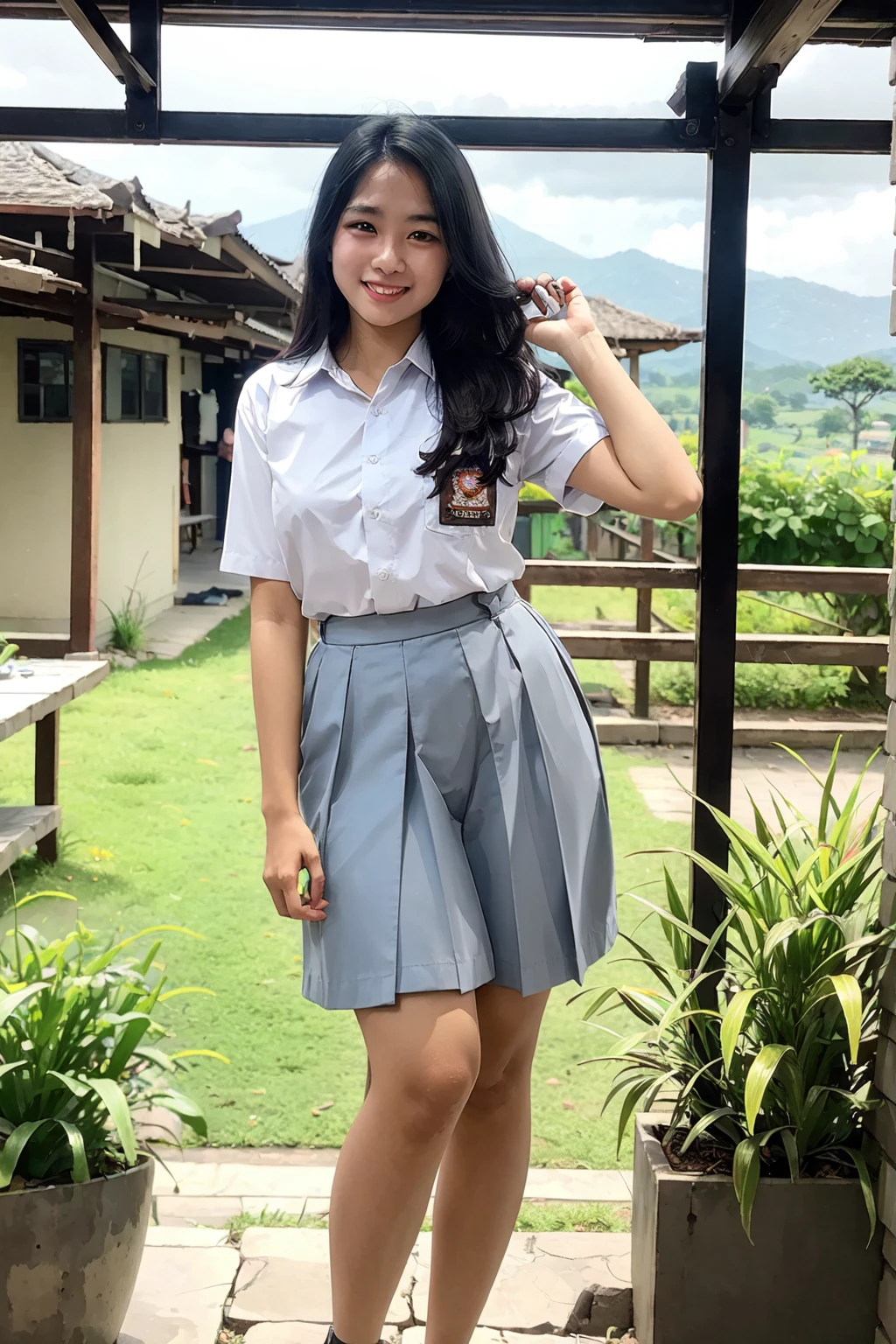 female, 2 beautiful indonesian girls, line up, hold hand each other, wearing indonesian high school uniform, indonesian high school uniform grey skirt, smile, dynamic pose, Fullbody, curvy body, good hand angle, white shirt, Eye-Level Shot, rice field with mountaint view, sun light, bright sky, 135mm, bokeh, god rays, reflection light, masterpiece, best quality, highres, HD, 8k, textured skin, high quality, UHD