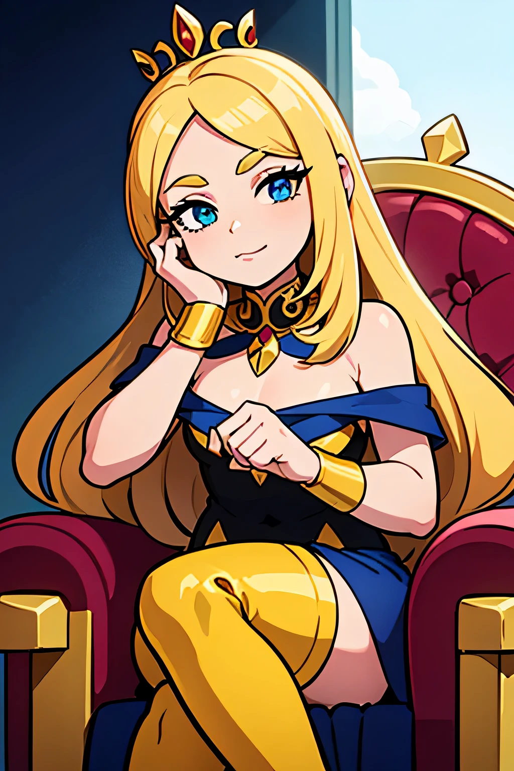 Crie uma deusa da luxuria sentada em um trono real num palacio divino super sexy com calcinha pequena e com peitos grandes, blonde hair, yellow eyes, grin, estilo 2D, Disney, the Teen Titans reference.
