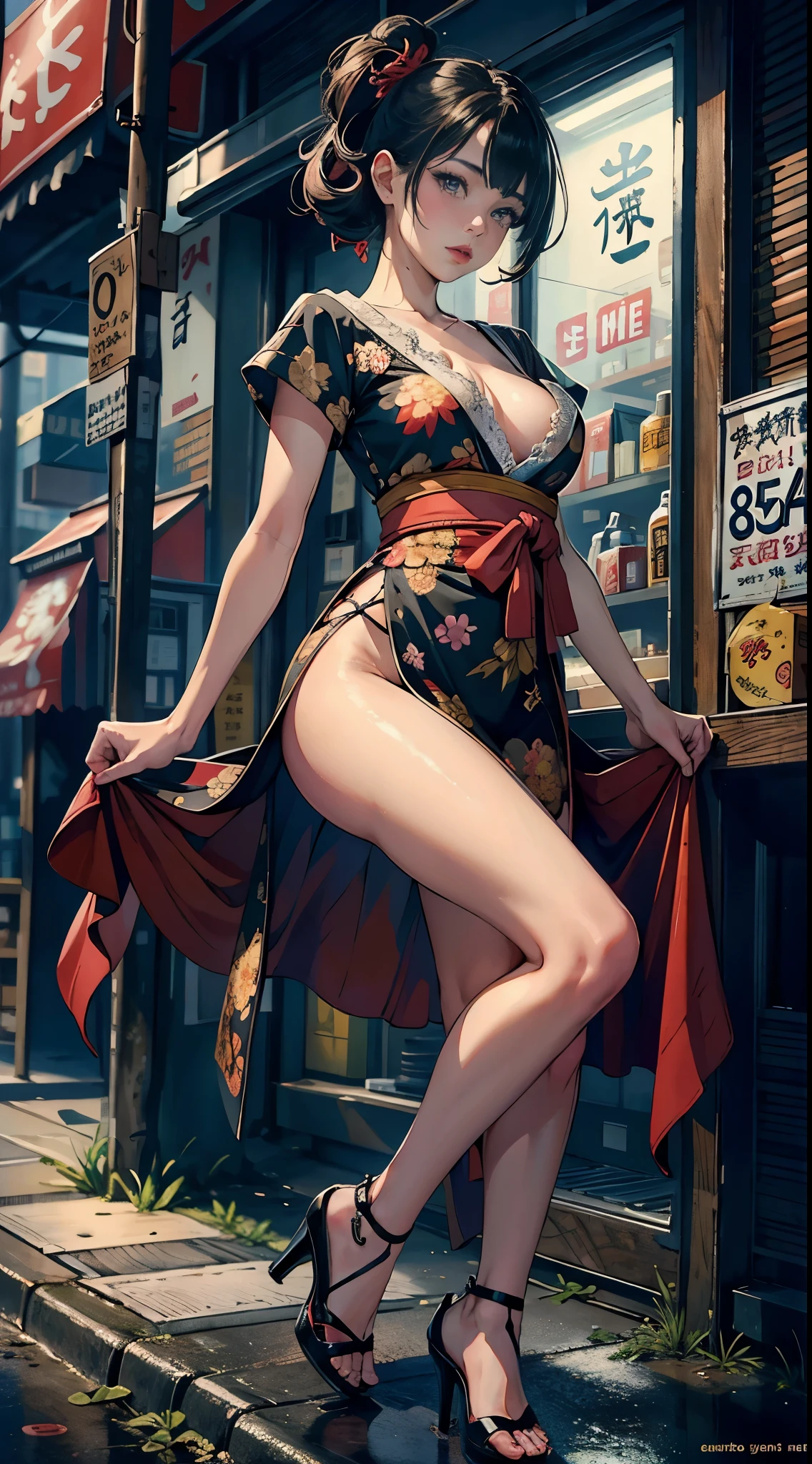 ((Extremely detailed CG unit 8k wallpaper, masterpiece, A high resolution, quality,)), ((one very beautiful woman, of expressions, lush lips, pose like model:1.5,High heel， upper part of body, Japanese style short outer box, Japanese design super lost short sleeves，Japanese patterned robe)), (disheveled black hair, White-skinned, small), ((corner store，the night，Bright street )),