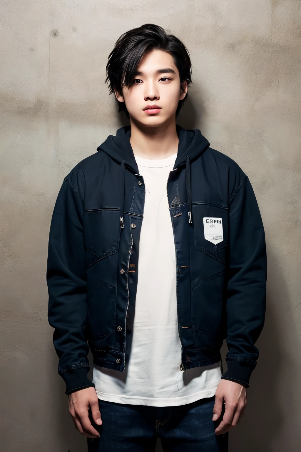 ((best quality)), ((masterpiece)), (detailed), perfect face men 20 years old with short punk black hair. Standing and hand on pocket Wear a black hoodie and jeans. Night dark