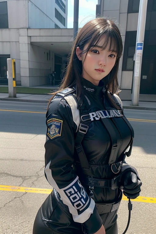 (Highest image quality, excellent details, Ultra-high resolution), (Realism: 1.4), favor details, High Condensation 1 Beautiful Girl, with a delicate and beautiful face, ((Cowboy Shot)), (Slightly Chubby:0.4), (Wearing a black racing suit and liking police uniform, Black and gray mechs, Wearing a military harness, holding a machine gun), background gray concrete,