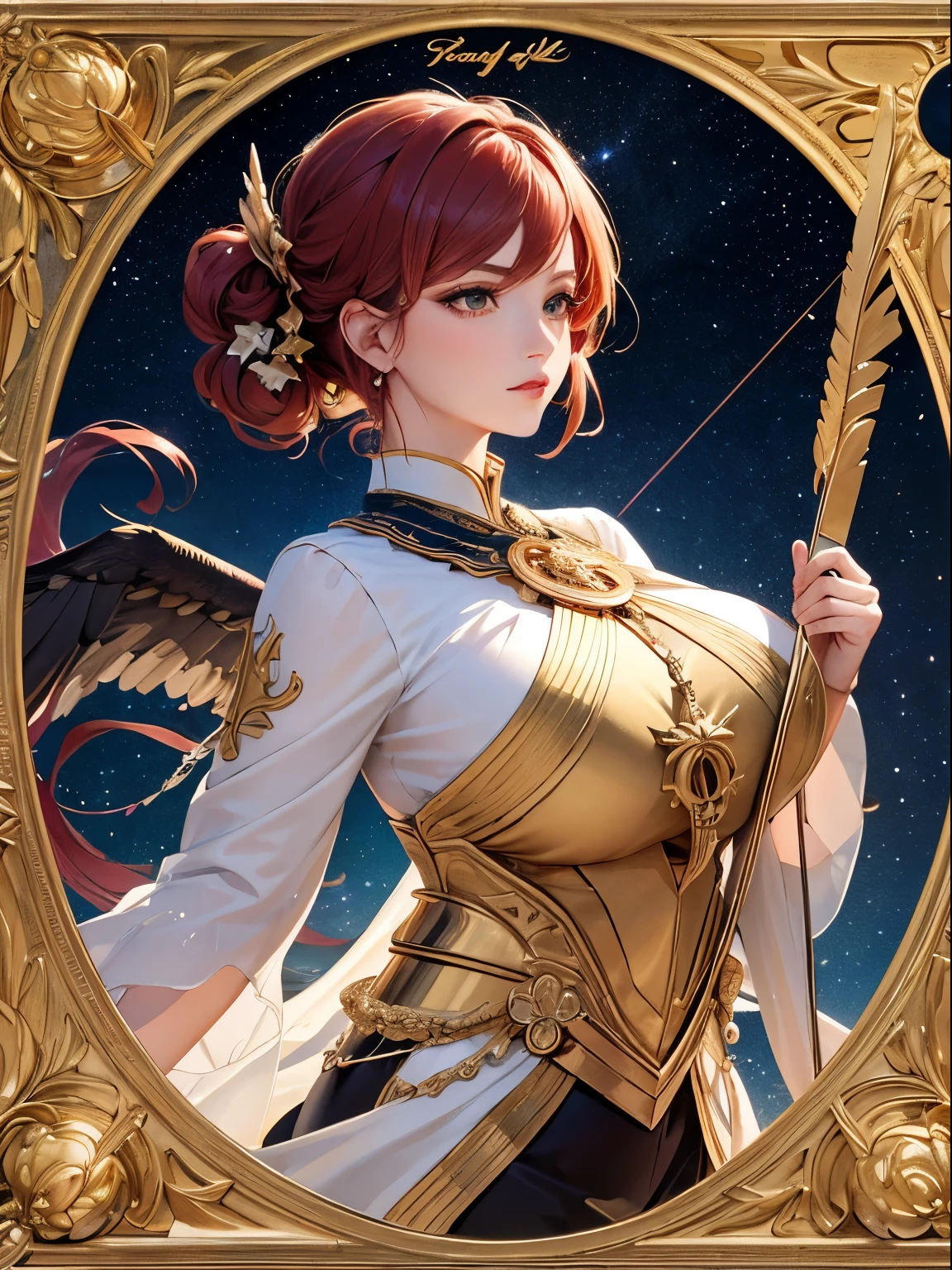 Realistic, (masutepiece, of the highest quality, Best Quality, Official art, Beautiful and aesthetic: 1.2), Very detailed, Fractal Art, Colorful, best detailed, Sagittarius, (Abstract background: 1.5), (1girl in: 1.3), (eagle class),Red hair, Bright eyes, earnest, Combed bag, Short hair,poneyTail、 Milky way, huge magical gold Sagittarius astrolabe, dream, Fantasy, gold trim,Beautiful detailed sky, Style and Decoration for Sagittarius, Goddess of Sagittarius, (NSFW:0.8), Delicate meat and high glass guardrail board、the bow、arrow、