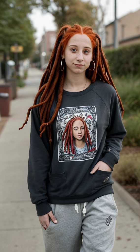 arafed woman with red hair in dreadlocks and a soft smile on her face, 25 years old, wearing baggy sweatpants with a paisley design and a knit cardigan with a tshirt underneath, cozy clothing, nose piercing, stoner, smoker, unkempt, kailee mandel-troian bellisario-alexa vega-shiri appleby-jordan hayes merged, entire body visible, stoned eyes, chilled expressions, tomboy, walking along a suburban sidewalk