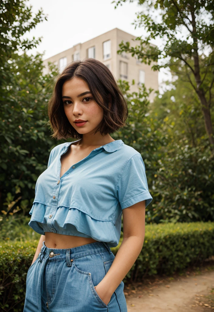 A waist-up portrait of a young beautiful brunette girl, lip-gloss, (freckles:0.9) skin, layered cut hair style, "slim with curves", (breasts:0.55), (grey:0.7) shirt, outdoor setting. This image, characterized by its Minimalism style and outdoor background that was recognized as a contest winner. It has been featured on CG Society.