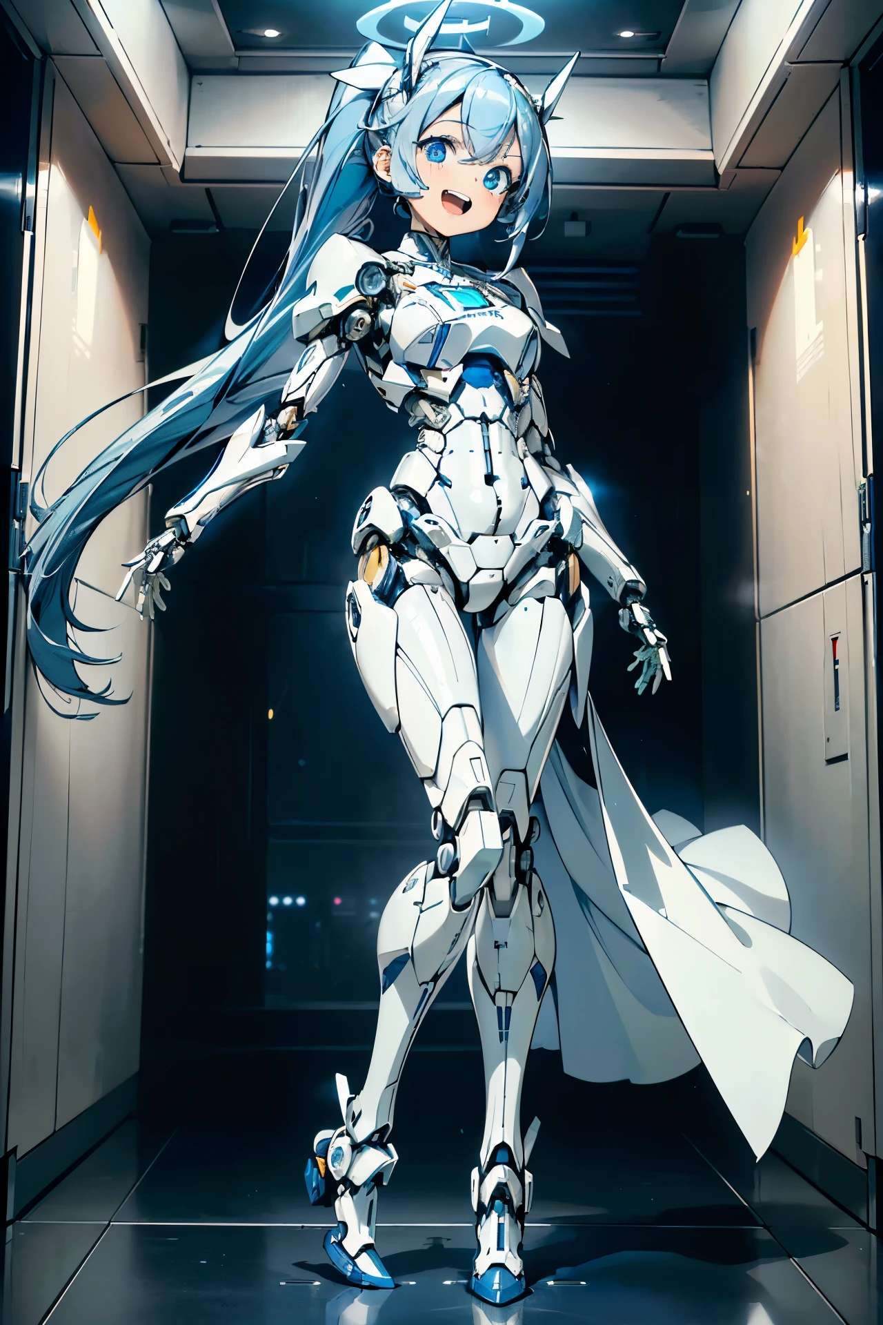 (((masterpiece))), (((Best Quality))), (((high quality))), (((beautiful))), (((8K))), (((highres))), (((absurdres))), (((exquisite))), (((Ultra high definition))), (((High resolution))), loli robot, (toddler:1.4), (extra large head:1.5), (very short height:1.4), (overweight:1.4), (Highly detailed and extremely complex mechanics:1.3), (Highly detailed eye depiction:1.4), (Streamlined body based on pure white:1.3), (darkblue hair:1.4), (Long ponytail:1.2), (A large pure white ribbon made of cloth that ties her hair.:1.2), White and navy blue pilot suit, White and navy blue tight-fitting clothing, White and navy blue shoulder cover clothes, White and navy blue shiny clothes, navy blue tight fit pants, White and navy blue thigh cover pants, (Super drooping eyes:1.4), (Machine body:1.4), (Mechanical joints:1.4), (An extremely complex machine visible through its joints:1.4), mecha musume, Mechanical parts, Robot joints, Headgear, (Laughing with open mouth:1.3), (Head tilt:1.3), (stand on the passageway inside the ship:1.3), (full body:1.4)