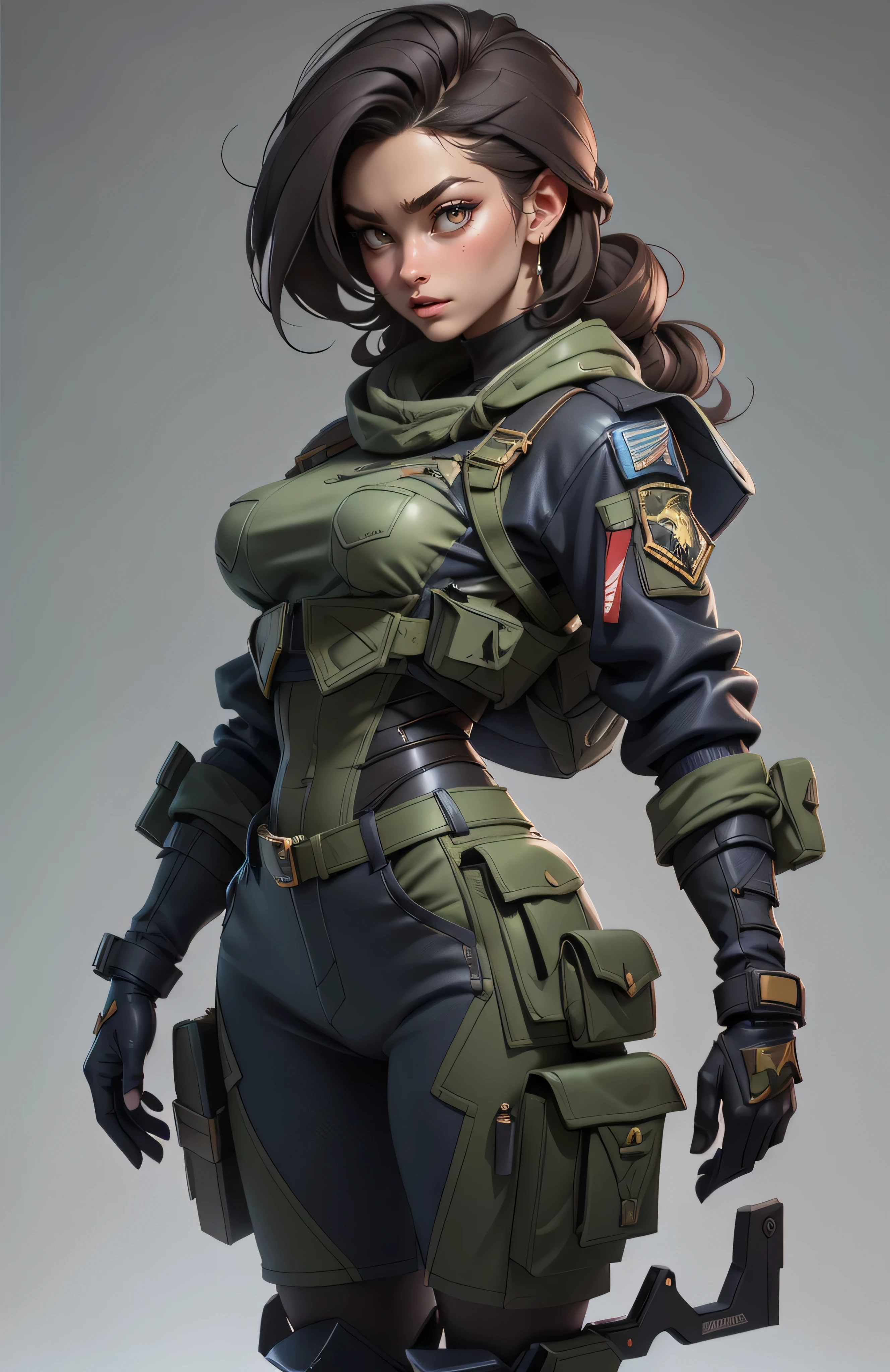 11:23(((Best quality at best: 1.4))),(无与伦比的tmasterpiece), (hyper HD),(Hyper-realistic 8k CG)、(dark colored hair)(Cross one hand at waist) ((( body))), (((1 girl in))), 25-year-old American soldier with perfect body,,Beautiful and well-groomed face,muscular body:1.2,Solid royal blue jacket with details, (Pictures from head to thighs), Complex equipment, long trousers,The clothes inside are dark, ),Gorgeous and fearless female warrior, fit and muscular body, military shirt, shoulder, dark gold hair, tattooed arms, Full detail on the face, high detal, actual, Photoquality, high high quality, (photoactual:1.4), The content is very detailed, tmasterpiece, high high quality阴影,