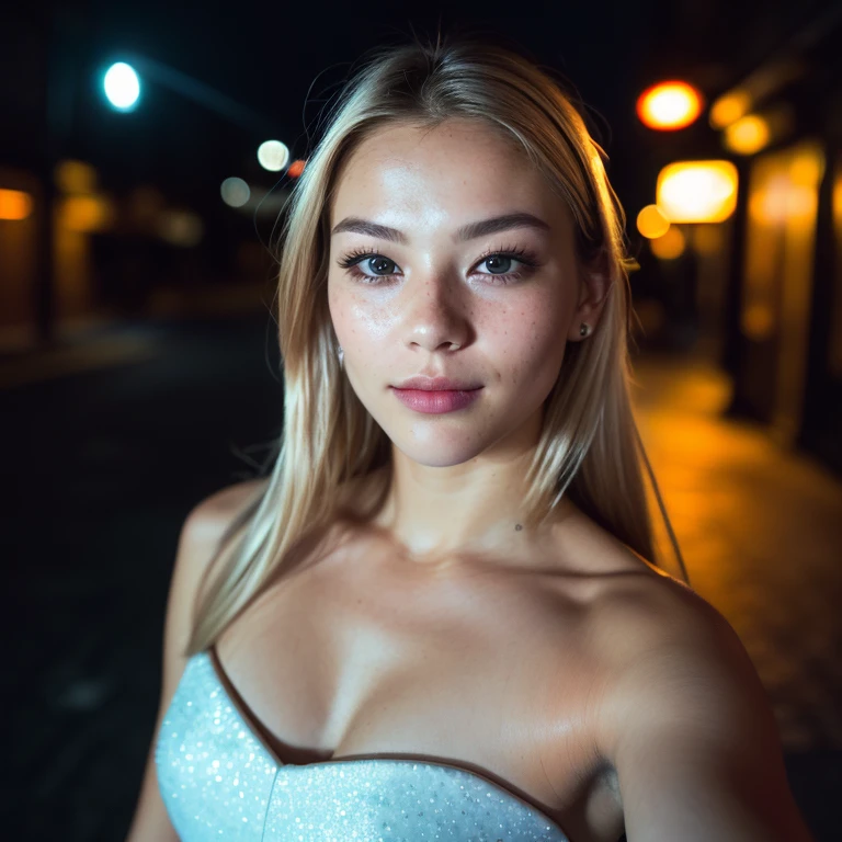 (Selfie, upper view: 1.4), (straight half of the body,: 1.4), RAW UHD portrait photo of a 24 year old blonde walking in a dark alley, nice tits, city at Night, (Dress), (neckline), Details (textured! , hair! , Glitter, Color!! , drawback: 1.1), Glossy eyes with high detail (Looking at the camera), SLR Lighting, SLR camera, ultra-quality, sharpness, depth of fields, Film grain (Center), FUJI XT3, Crystal clear, frame Center, Beautiful face, Sharp Focus, street lamp, Neon lighting, Bokeh (The dim), Night, (Night sky), Detailed skin pores, Oily skin, Sunburn, complex eye Details, Full body,