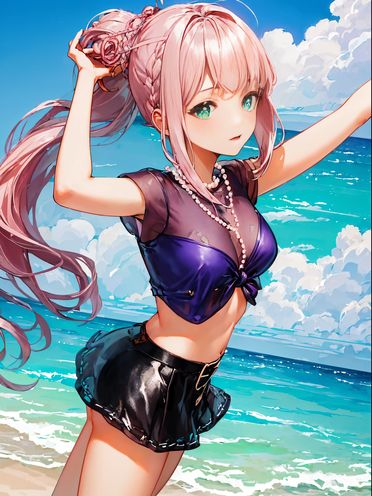 (((pearl pink hair,emerald pupileautiful beach,))((purple short shirt,blue miniskirt,arms up,))))))(blushing), (geometric:1.1), ((1girl,amazing,seductive girl，Solo，aim to viewer,))(Masterpiece,Best quality, offcial art, Beautiful and aesthetic:1.2),(16k),((sagging breasts,medium breasts)),(Physically-based rendering),Sharp focus, (((highdetailskin,))),Intricately detailed clothing，Delicate pupils,((((shiny hair|detailed hair|half bangs|undercut|knot top|low ponytail|long hair,)))),Slender,(masterpiece sidelighting),(The sheen),(beautiful hair,beautiful eyelur background,bokeh:50mm)),((extremely_Detailed_Eyes_and_face)),Movie girl,(Dynamic posture: 1.2),Brilliant