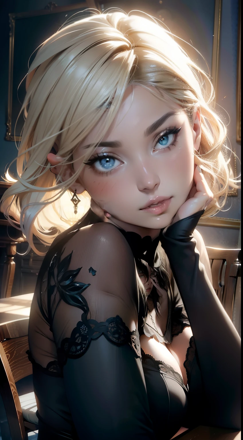 (best quality, highres, ultra-detailed, realistic:1.37), portrait, photography, vibrant colors, natural lighting, cotton canvas, oil painting effect, flowing brushstrokes, delicate highlights, crisp details, intricate textures, passionate expressions, intimate atmosphere, gentle and tender moments, youthful energy, sensual emotions, provocative composition, provocative gaze, seductive gesture, figure study, suggestive clothing, artful pose, subtle storytelling, harmonious tones, soft and warm hues, balanced contrast, captivating mood, luscious lips, expressive eyes, tousled hair, intricate lace details, table with a rustic wooden surface, feminine essence, dynamic angles, visible excitement, intimate connection