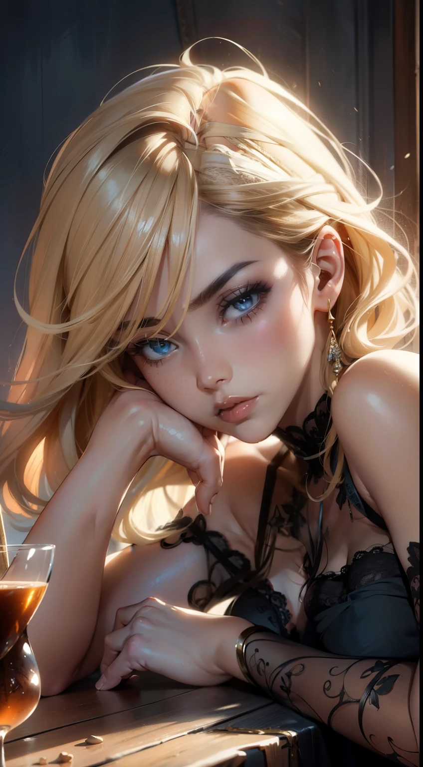 (best quality, highres, ultra-detailed, realistic:1.37), portrait, photography, vibrant colors, natural lighting, cotton canvas, oil painting effect, flowing brushstrokes, delicate highlights, crisp details, intricate textures, passionate expressions, intimate atmosphere, gentle and tender moments, youthful energy, sensual emotions, provocative composition, provocative gaze, seductive gesture, figure study, suggestive clothing, artful pose, subtle storytelling, harmonious tones, soft and warm hues, balanced contrast, captivating mood, luscious lips, expressive eyes, tousled hair, intricate lace details, table with a rustic wooden surface, feminine essence, dynamic angles, visible excitement, intimate connection