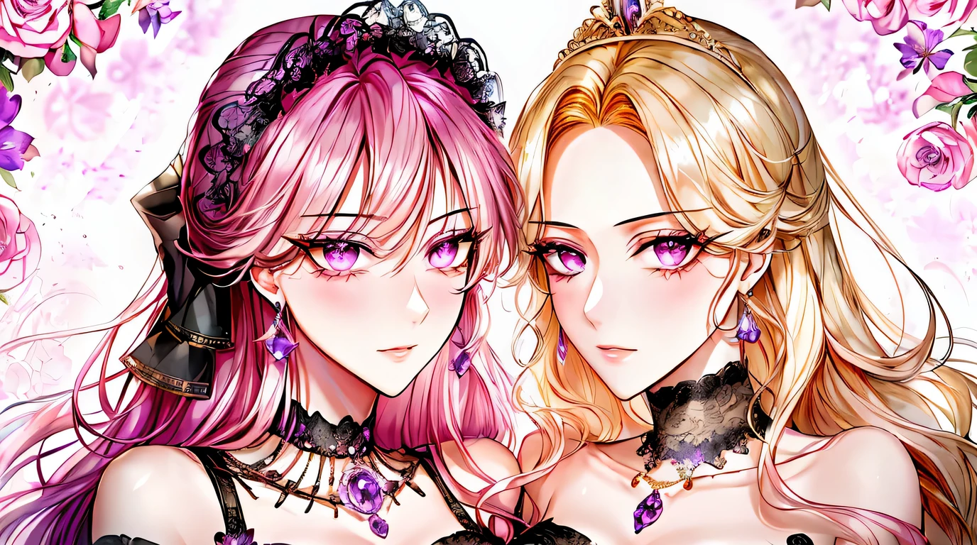 black plum_1024, ((shoujo-style, Floral background, Romance Manfa)), (close up), (2girls aligned:1.2), a couple, Pink hair, platinum-blonde-hair, Solo, Long hair, flower, Dress, Thick eyebrow, flower, Straight hair, Parti, Closed mouth, 鎖骨, Breast, (cleavage), Puffy sleeves, white Dress, purple Dress, elBow gloves, earrings, Necklace, (tiarra), Jewelry, Golden, lace trimmed, Bow, Face Focus, Teasing the, Beautiful face, Detailed eyes, Detailed pupil, Looking at Viewer, all intricate