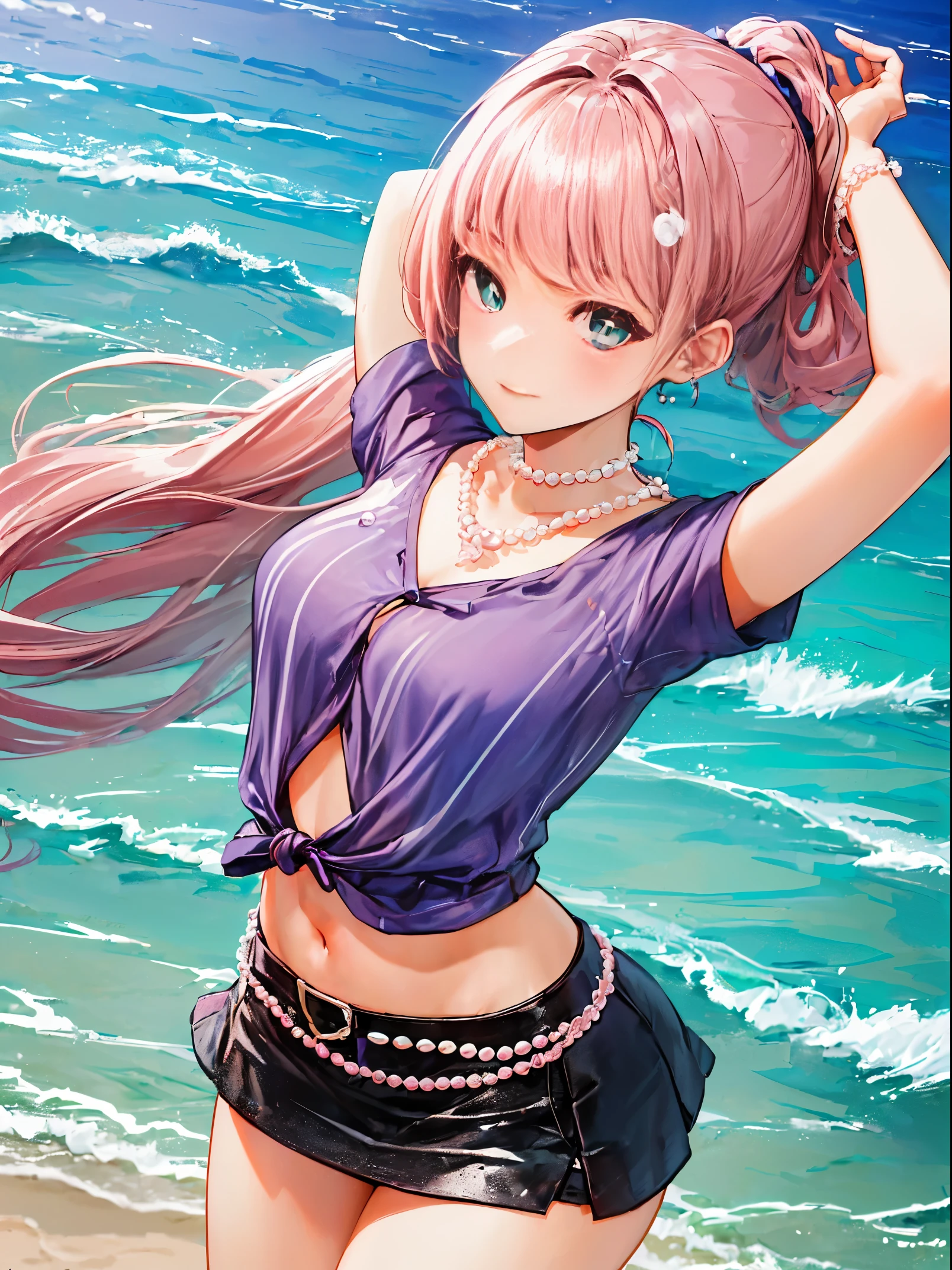 (((pearl pink hair,emerald pupileautiful beach,))((purple short shirt,blue miniskirt,arms up,))))))(blushing), (geometric:1.1), ((1girl,amazing,seductive girl,Solo,aim to viewer,))(Masterpiece,Best quality, offcial art, Beautiful and aesthetic:1.2),(16k),((sagging breasts,medium breasts)),(Physically-based rendering),Sharp focus, (((highdetailskin,))),Intricately detailed clothing,Delicate pupils,((((shiny hair|detailed hair|half bangs|undercut|knot top|low ponytail|long hair,)))),Slender,(masterpiece sidelighting),(The sheen),(beautiful hair,beautiful eyelur background,bokeh:50mm)),((extremely_Detailed_Eyes_and_face)),Movie girl,(Dynamic posture: 1.2),Brilliant