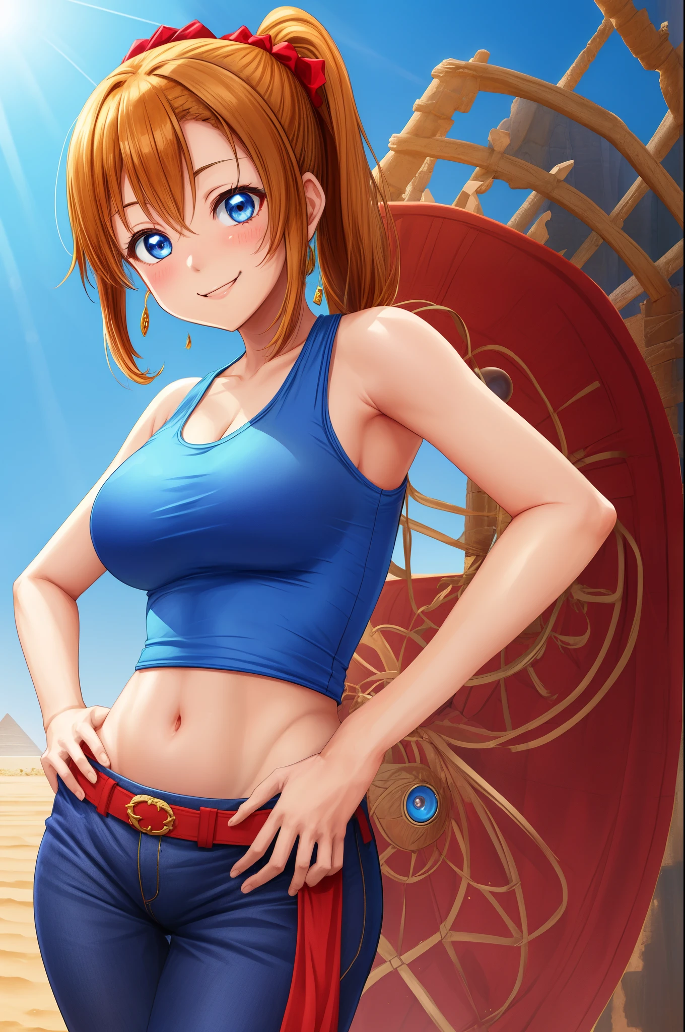 Masterpiece, best quality, kousaka honoka, blue eyes,side ponytail, standing, smile,well endowed body,cowboy shot, hands on hips, red tank top, blue pants,glowing eyes, in Egypt desert,sun background.