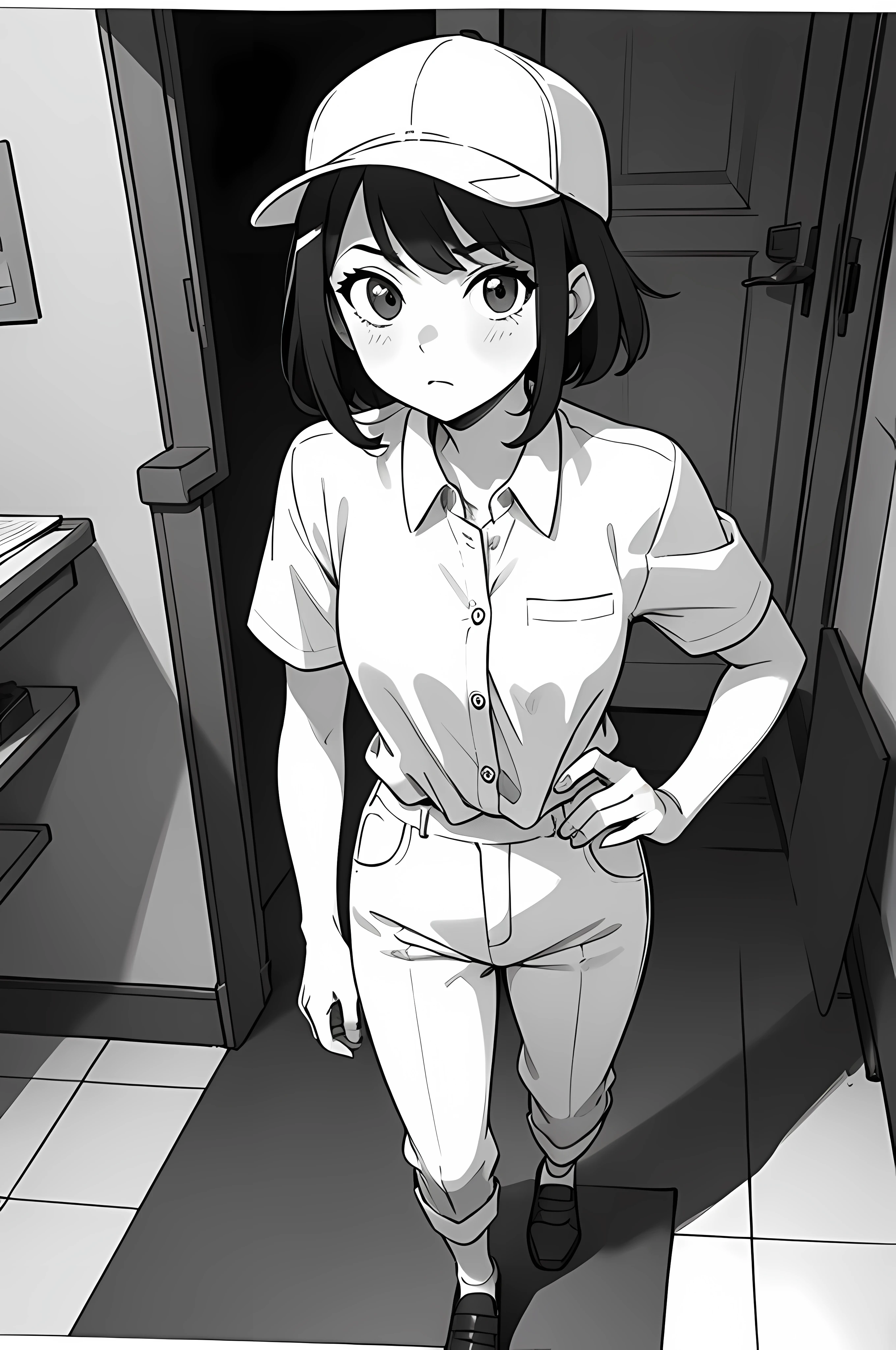 ((best quality)), (masterpiece), woman, matured woman, solo, small breast, white clothing, employe, panel cap, white shirt with single button, tucked in, short sleeves, (long pants:1.2), work shoes, standing, facing front, body front, looking at the camera, body on the camera, monochrome, line art, manga, anime, high resolution, 4k, detailed