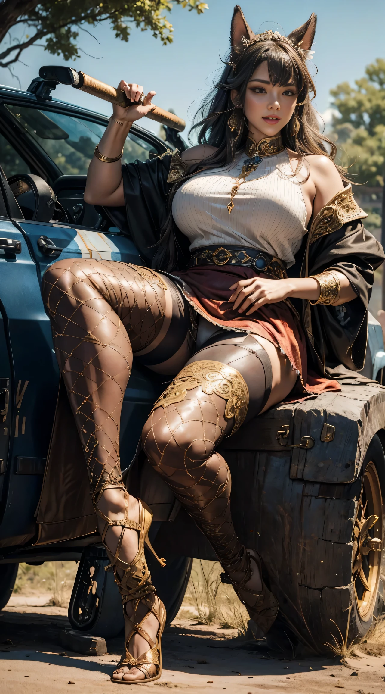 独奏，1 Orcs， Super tall，The temperament of a queen，tmasterpiece，best qualityer，Hyper-detailing，Full body illustration，Fine and detailed eyes and detailed face） garments：There are animal ears，Mature female orcs，cruel grin，There are clothes on the upper body，Wrap the whole body，The lower body is wearing animal skin shorts，Pantyhose， Show stockings，allure：Tall，Plump body，Wide buttock，Large，Strong，There are muscles，Very high，Go ahead，（big assa：1.3），（thick thight：1.3），Taller than a tree，Clouduilding, red clothes