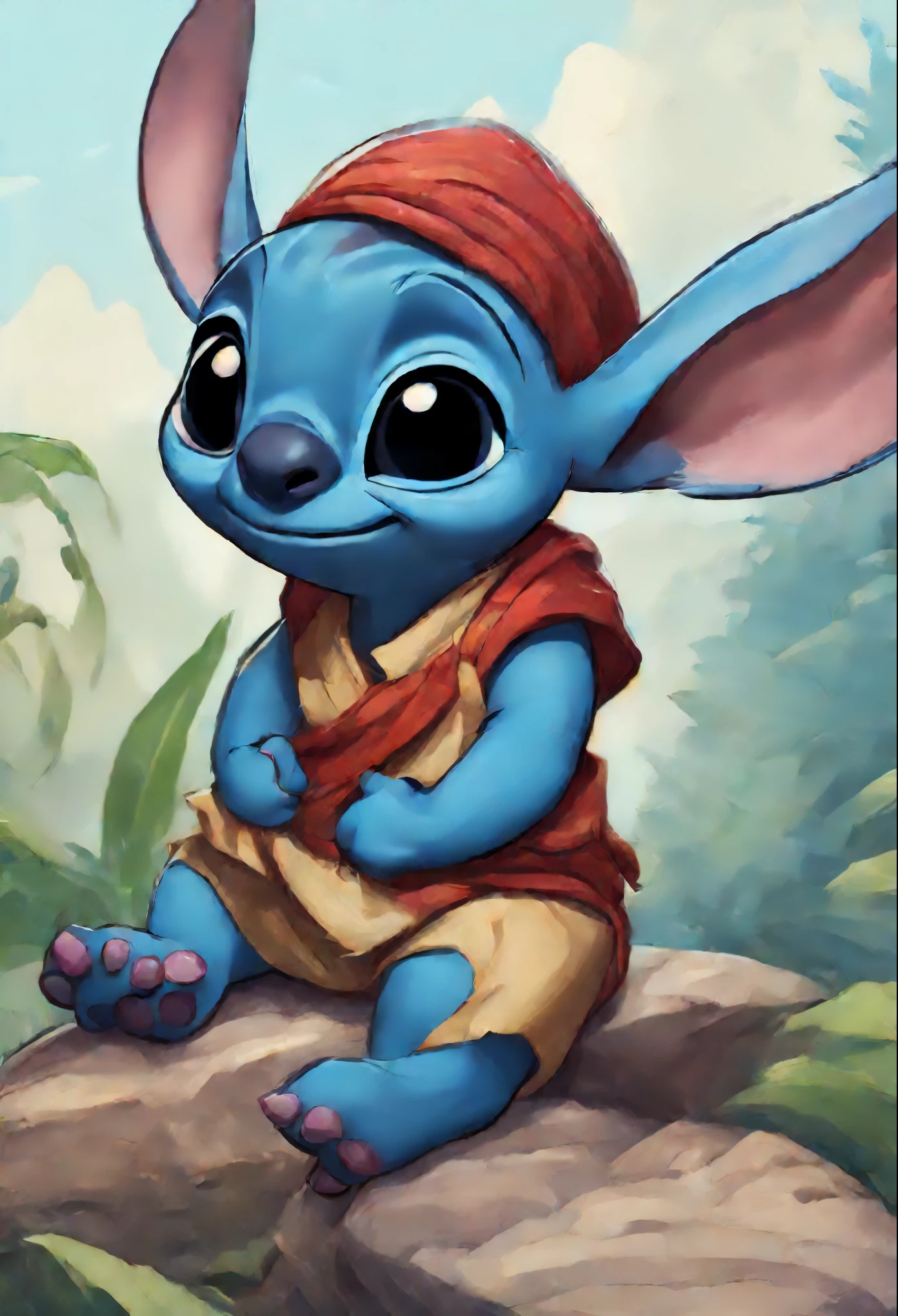 Close-up of cartoon character, sitting on a stone, disney headband, official headband, iconic character headband, disney art style, headband, adorable digital painting, Lilo and Stitch, Disney-style art, wallpaper headband promo art, Hearthstone Card Art, mana art, From Hearthstone, disney art style, collectible card art