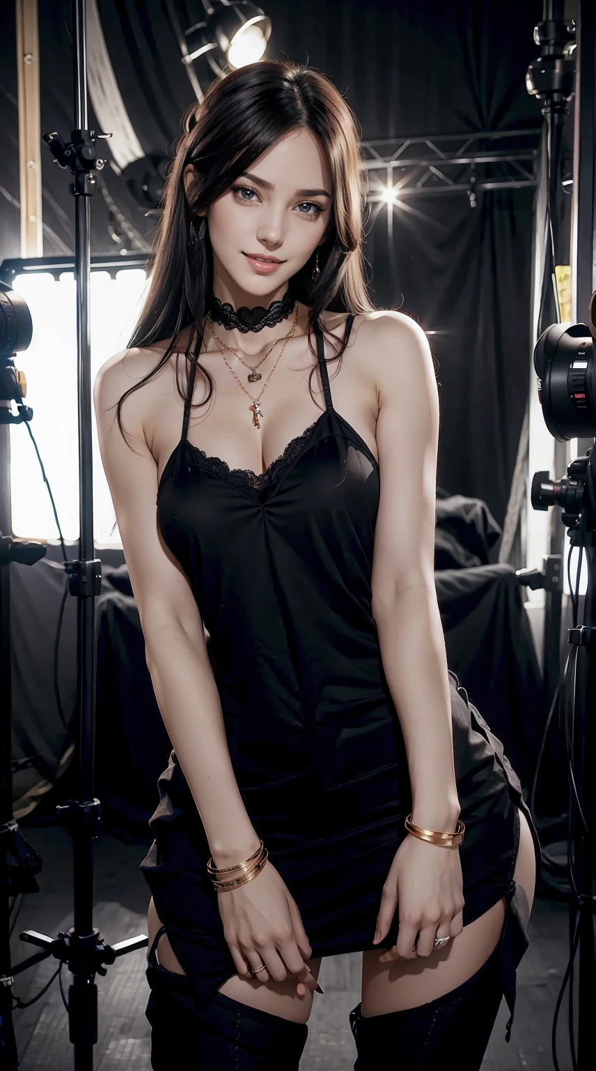 24-year-old woman、Hair color is black、Eye color is dark brown、Longhaire、Straight hair、Slender but well-proportioned muscular man、a smile、I'm wearing a necklace、accessories on wrist、Wearing a tube top、I'm wearing high heels、I'm wearing low rises、Being in a photography studio、a smile、wearing a lace choker