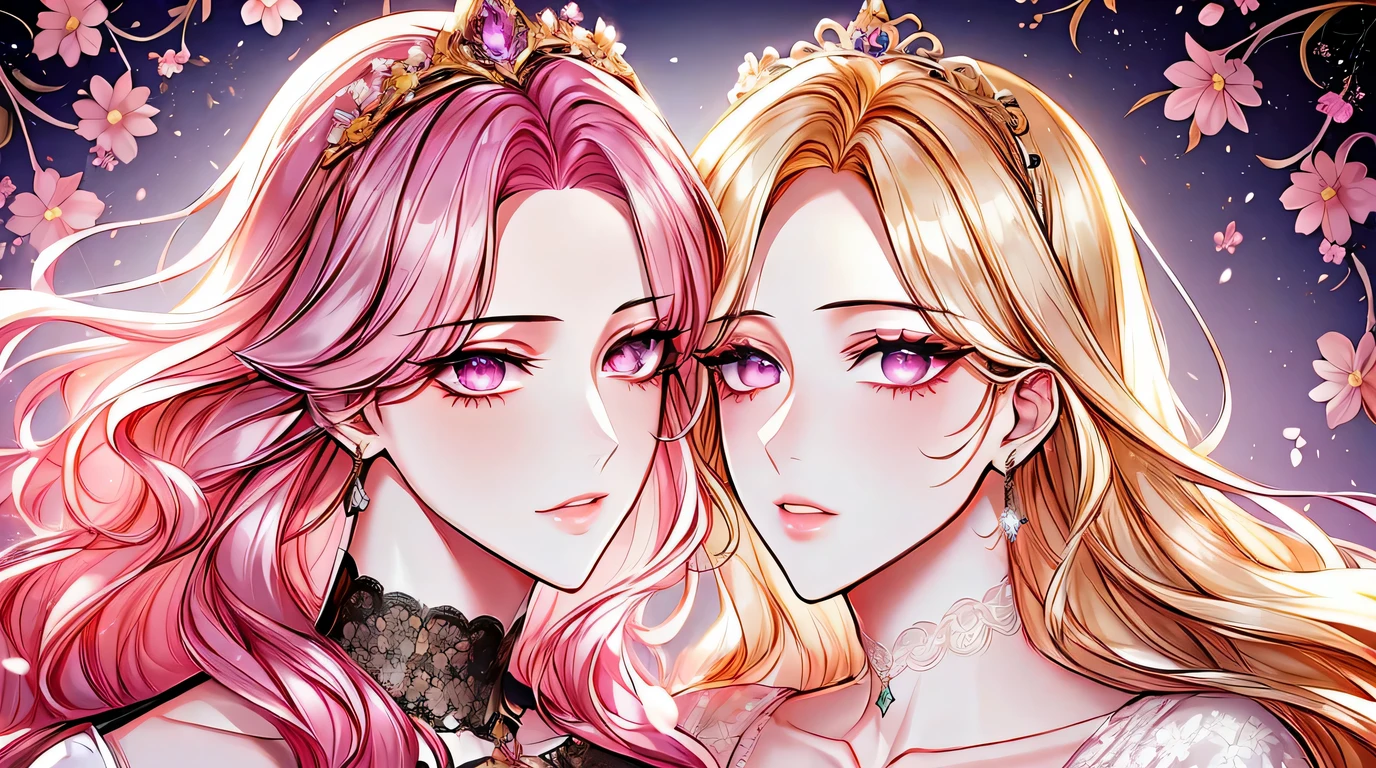 ((shoujo-style, Floral background, Romance Manfa)), close up, (2girls aligned:1.2), a couple, Pink hair, platinum-blonde-hair, Solo, Long hair, flower, Dress, Thick eyebrow, flower, Straight hair, Parti, Closed mouth, 鎖骨, Breast, (cleavage), (Puffy sleeves), white Dress, purple Dress, elBow gloves, earrings, Necklace, (tiarra), Jewelry, Golden, lace trimmed, Bow, Face Focus, Teasing the, Beautiful face, Detailed eyes, Detailed pupil, Looking at Viewer, all intricate