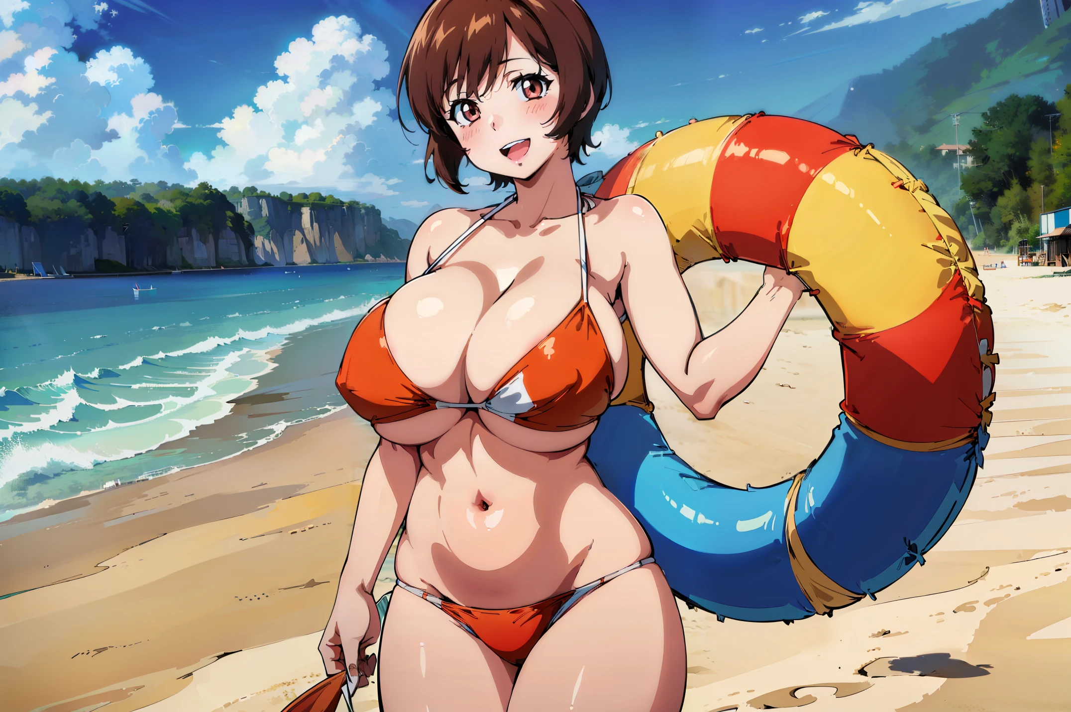 (the beach:1.8),Anime Cell Style, Best Quality, High resolution,(bikini of:1.5), (huge-breasted:1.6), short-hair、Pleasure, blush,(Happy smile:1.2),Open mouth, ((Full body)), Looking at Viewer, (the beachの), ((Full body)), (Cowboy Shot:1.2)