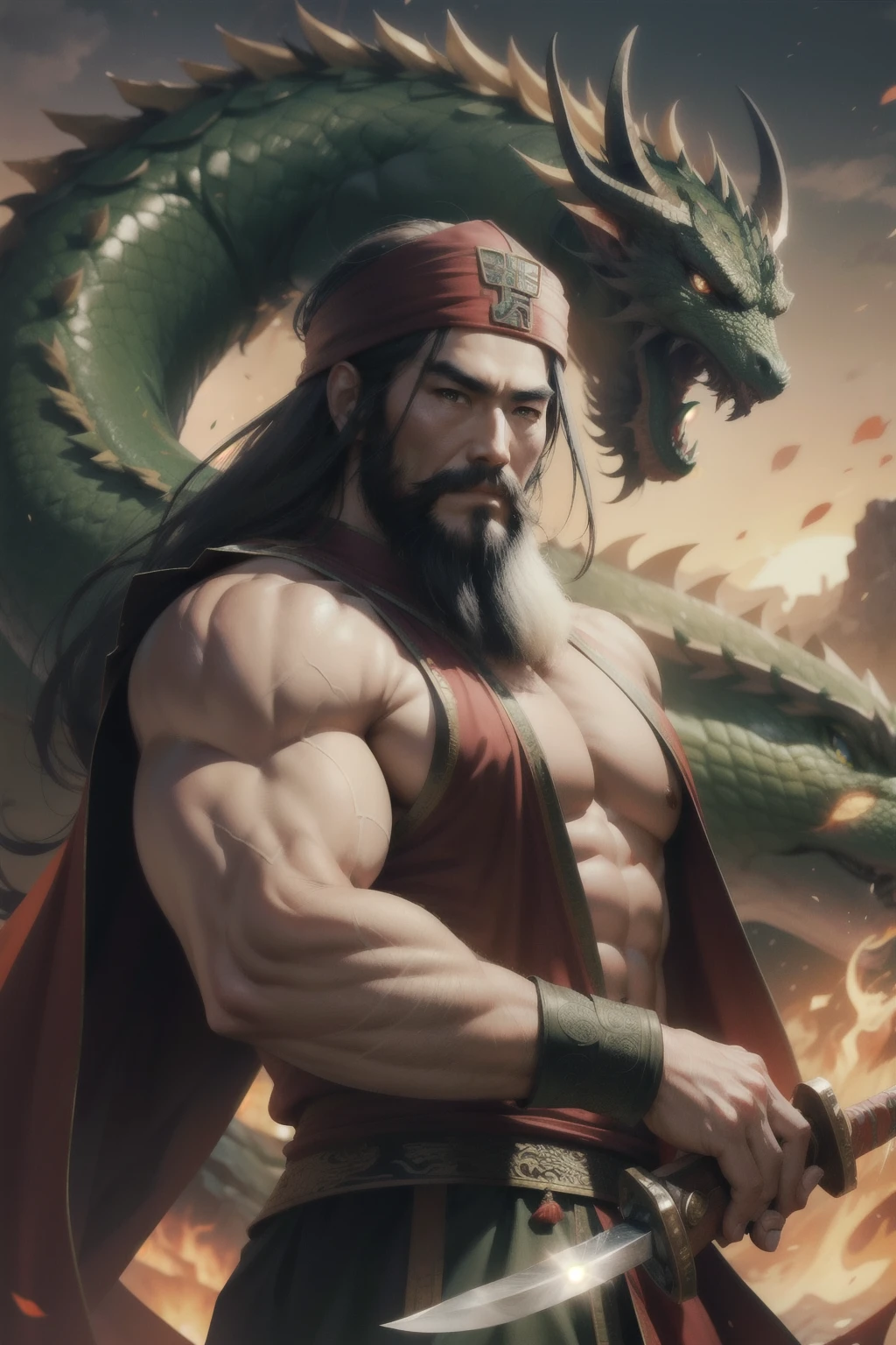 Guan Yu has a burly image，Broad shoulders and thick back，Thick eyebrows，The nose is straight and the mouth is square，Heroic。His beard is like a steel brush，The bright eyes are shining with the light of wisdom。Guan Yu held the Green Dragon Moon Knife，Show your bravery，admirable。