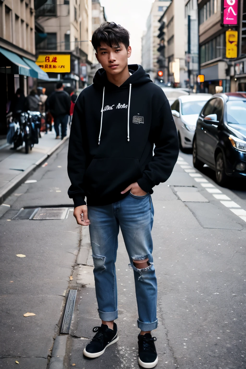 ((best quality)), ((masterpiece)), (detailed), perfect face men 20 years old Standing and hand on pocket Wear a black hoodie and jeans in the street night asian many store in side