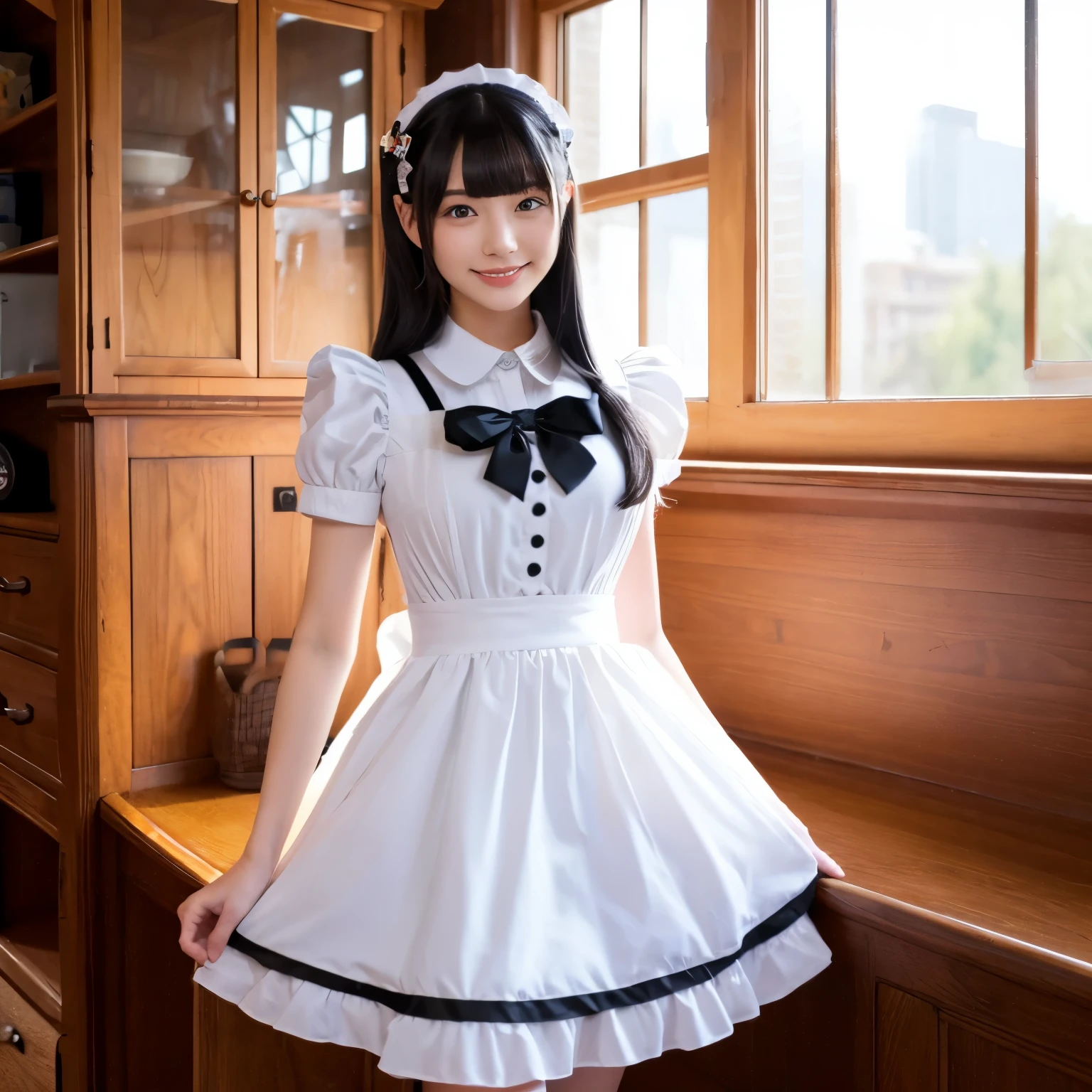 A 21-year-old woman is wearing a maid costume.。