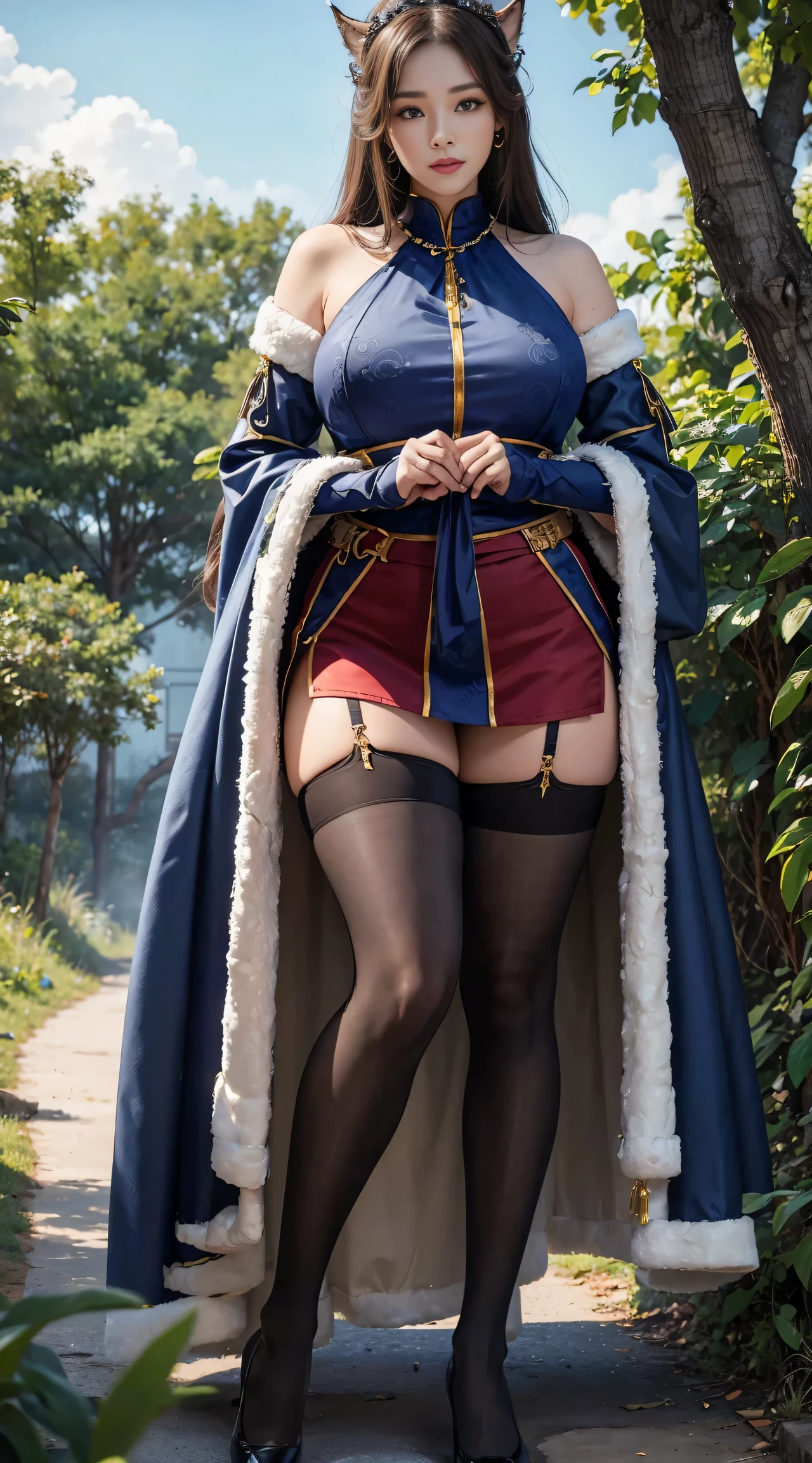 独奏,1 Orcs, Super tall,The temperament of a queen,tmasterpiece,best qualityer,spred your legs, Hyper-detailing,Full body illustration,Fine and detailed eyes and detailed face) garments:There are animal ears,Mature female orcs,cruel grin,There are clothes on the upper body,Wrap the whole body,The lower body is wearing animal skin shorts,Pantyhose, Show stockings,allure:Tall,Plump body,Wide buttock,Large,Strong,There are muscles,Very high,Go ahead,(big assa:1.3),(thick thight:1.3),Taller than a tree,Clouduilding, red clothes
