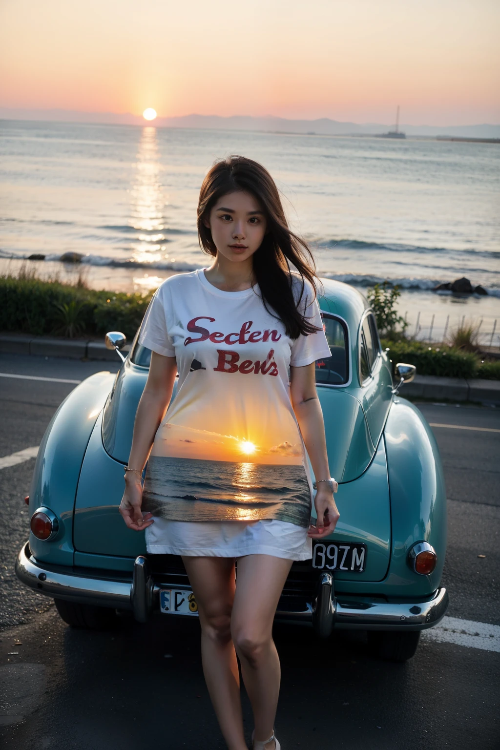tee shirt,Printing,the setting sun,sea beach,vintage car
