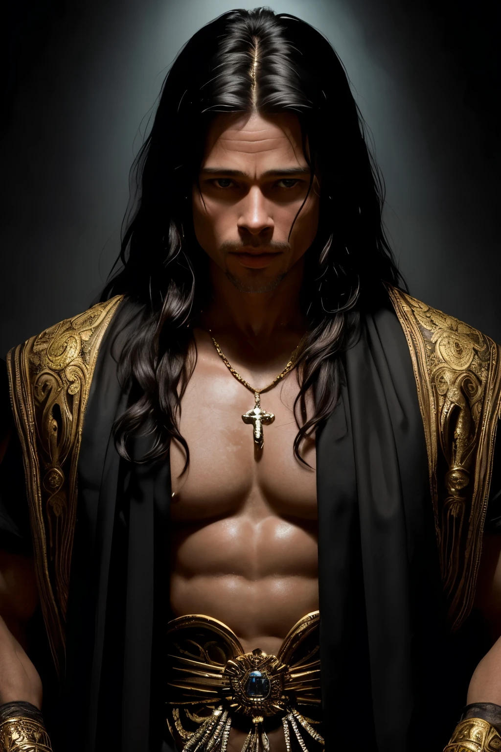 Young Greek God of the Underworld,  Asian, long hair, on a dark throne with skulls