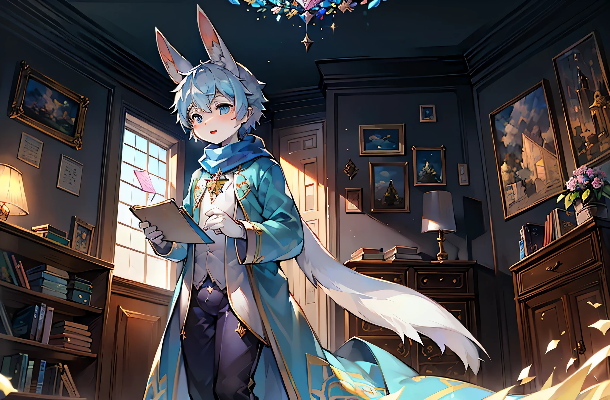 一只the white rabbit,shota,long blue robes,nevando,Clear blue sky,long bunny ears,Crystal pupils,Long blue scarf,ornate backdrop,magnificent robe,胸前挂着medal,medal,look out the window,rays of sunshine,Parchment scrolls,having fun,Gift box,cool colours,The map hangs on the wall,book case,Holding a letter in his hand,shota,lovely boy,the white rabbit