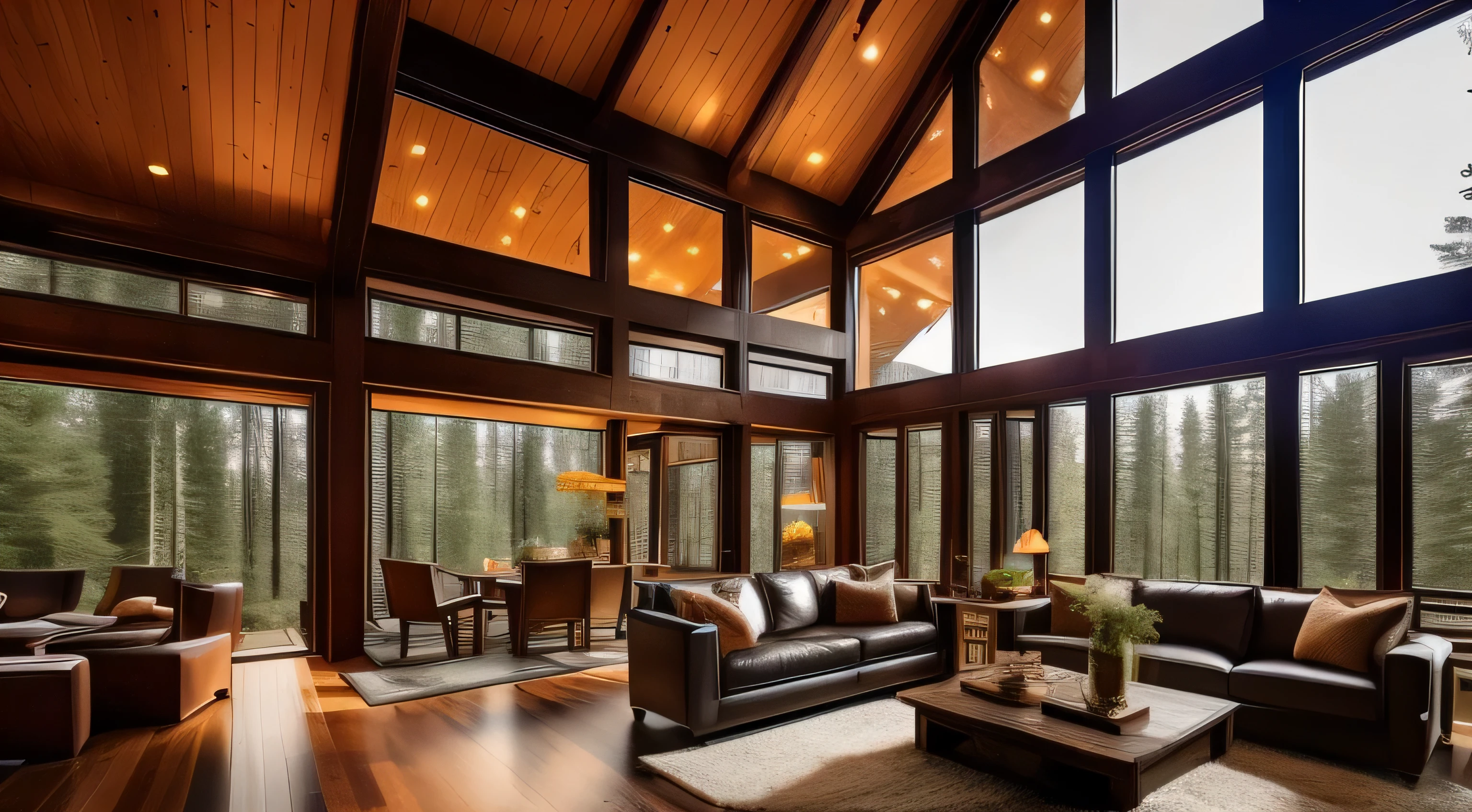 A vertically spacious living room with a floor-to-ceiling, broad window overlooking a serene forest. The interior includes rustic wooden beams, a grand stone fireplace, and comfortable leather furniture, creating a perfect blend of luxury and cabin charm