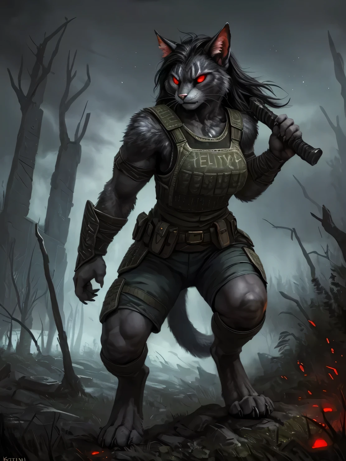 A high resolution, black human cat, hairy pubic, (Humanity human cat), hairy pubic femele, (Gray body), Black mane, brunette color hair, (full bodyesbian), (Permanent), Prepare to attack, (Angry), ((Threatening)), Bloodthirsty, The Elder Scrolls 5, horizon, (Tempting), (big breasts enchanting), ((Soldier uniform)), ((bulletproof vest)), torn outfit, musculous, biceps muscle mass, wide waist, a broad shouldered, Thick thighs, (1 tail), (Cat ears), (Gray), Darkness, shadowing, ((Dark forest)), (battlefiled)), Dark sky, old ruins, (There are no students), (luminous red eyes), ((Mad eyes)), Alone, horrorcore, red theme, Dark, femele, Thief Tojo, subtract, Chunie, Darkgem, Humanity, ((详细的脸)), (Black fur), Detailed realistic painting, the night, (ultra - detailed), detailedbackground, Digital level, very detailed nipples, depth of fields, unreal-engine, (tmasterpiece), ((Anatomically correct)), Be expressive, epic setting,