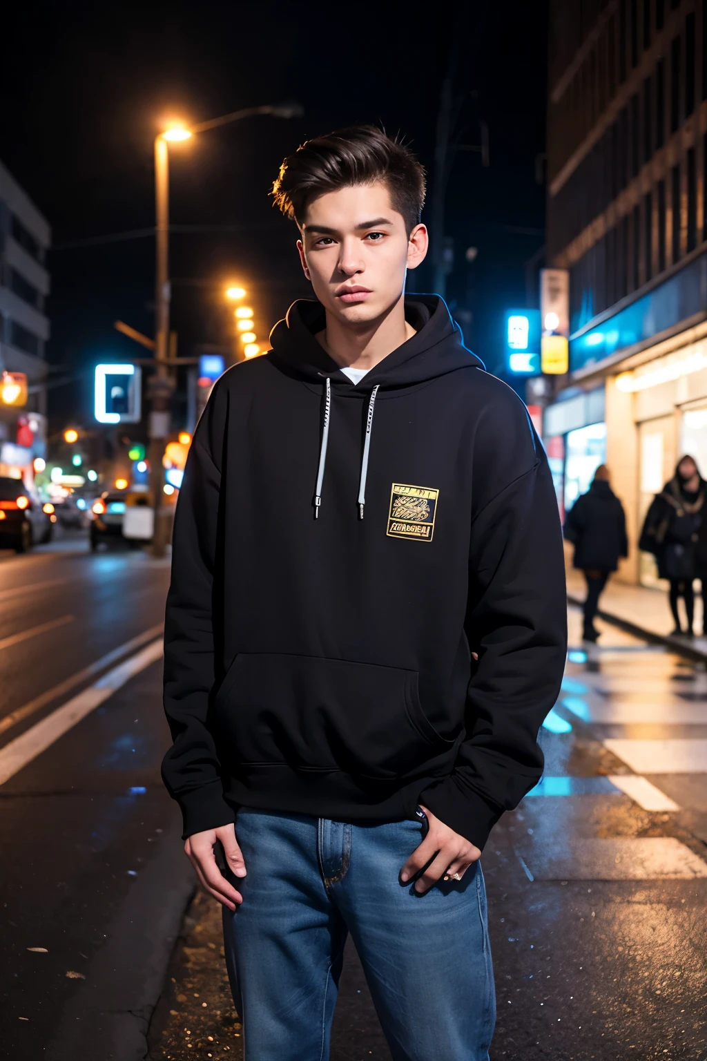 ((best quality)), ((masterpiece)), (detailed), perfect face men 20 years old Standing and hand on pocket Wear a black hoodie and jeans in the street cyberpunk night
