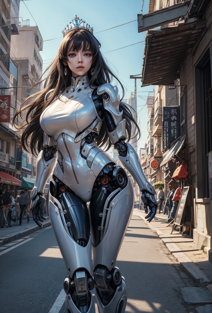 (Detailed illustrations,Very detailed and detailed drawing,Delicate lines with slow and rapid,Realistic texture expression),[Color tressed main line],[Skyscrapers of a modern city can be seen in the distance], ((ANIME)) (Giant white ROBOTGirl SKINNY towering over the building street [Total length 40 meters]),[AUTOMATON] (ROBOT FACE [Luminescent eyes]) [Chain-shaped hair] (Delicate thin fingers) (MACHINEKNIGHT [Titanium skeleton]),[It is called the princess lily of white porcelain] Large crown with large raised shoulder rests (Elegant appearance with a lot of curved surfaces Smooth body surface) (Ruffle Petticoat) [White lily pattern],[[TITANWEAPON]] Mecha Body Metal Skin [Cable running down the body surface [gear wheel]],[Platinum coating],[Science Fiction Mechanical],(Huge feeling),(Intricate and beautiful decoration [Dense detail]),(Fine and beautiful skin expression [Transparency]),[完璧な目のdetaileds (Iris beautifully drawn in every detail)[Jewel-like eyes]],[long and beautiful eyelashes],[Meticulously drawn hair [美しく艷やかな髪のdetaileds]],(完璧な手のdetaileds [Beautiful fingers without breakdowns [Beautiful nails]]),(Perfect Anatomy(Perfectly proportioned))[[Full body like]],[Ideal color coordination(Accurate simulation of light-material interactions)],([Precision Detail](detaileds,high-detail)),[Visual art that conveys a sense of narrative].