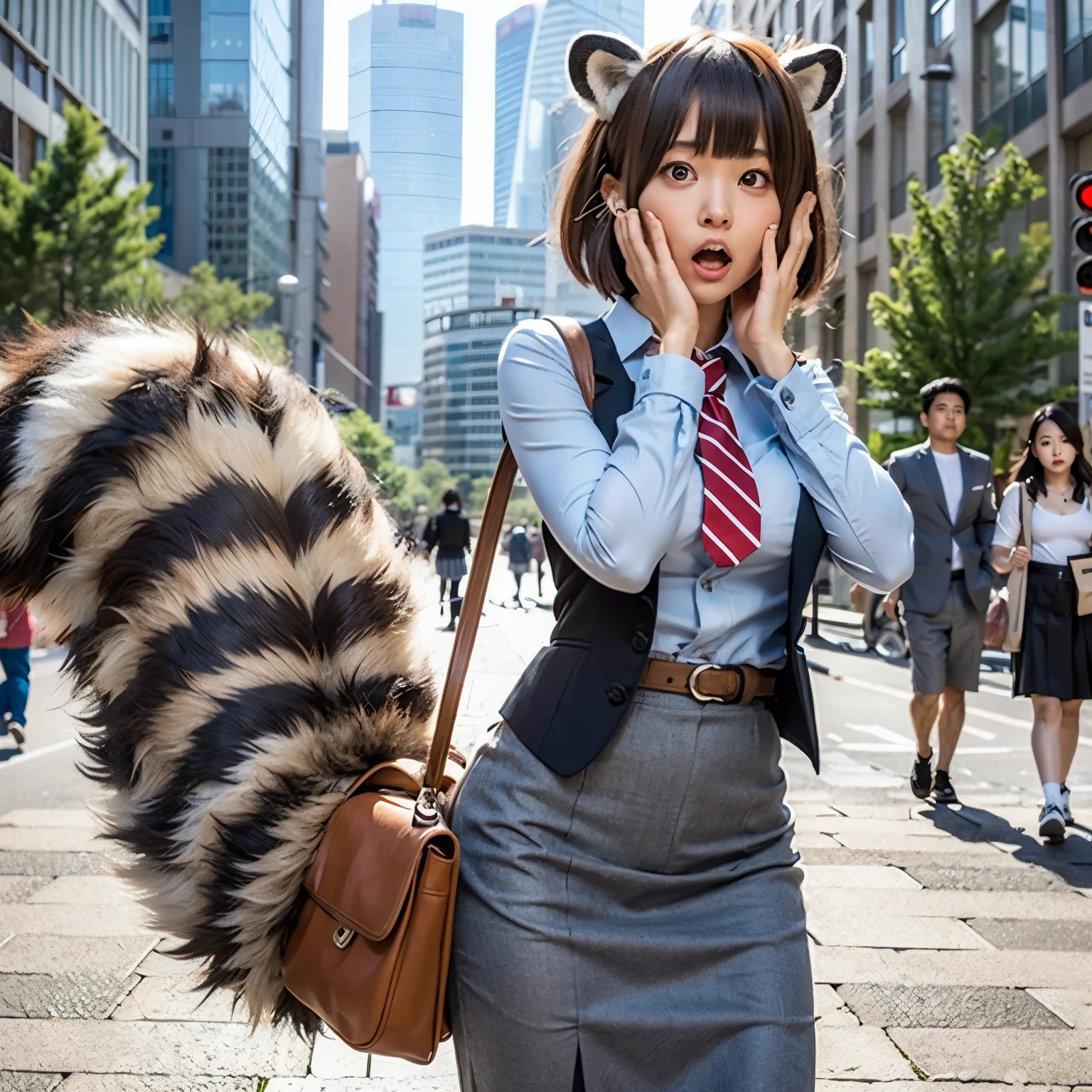 A woman wearing a pleated miniskirt with a raccoon tail, anthropomorphic racoon, けもの, Realistic, a picture, top-quality, Surprised face , Troubled face, Her pleated miniskirt is flipped up and her tail is visible.(1.5) ,Realistic tail, small tits, slender, White panties, tail