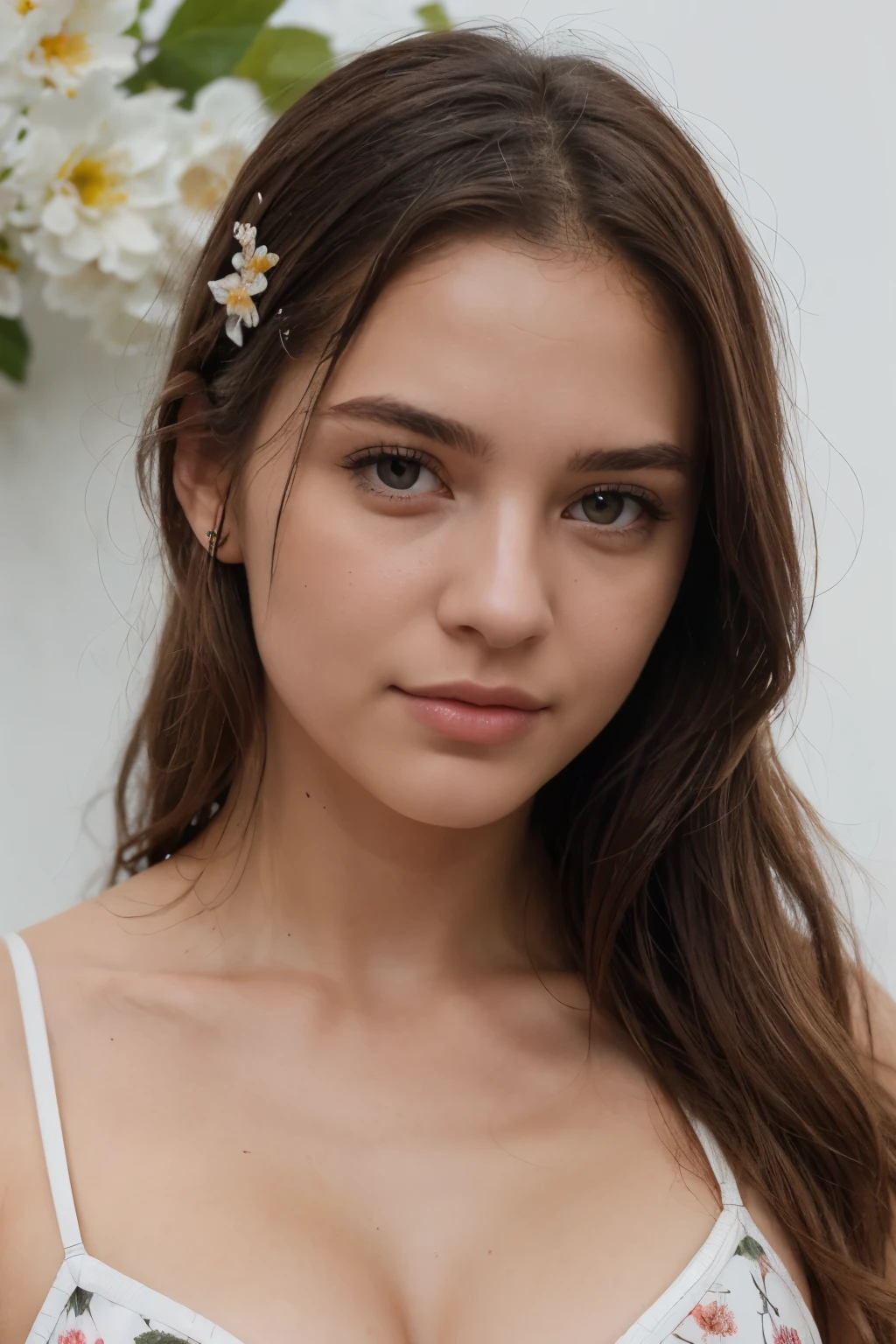 ((best quality)), ((Meisterwerk)), (Detailliert), Perfektes Gesicht((best quality)), ((Meisterwerk)), (Detailliert), Perfektes Gesicht(best quality)), ((Meisterwerk)), (Detailliert), Perfektes Gesicht(best quality)), ((Meisterwerk)), (Detailliert), Perfektes Gesicht,stunning realistic, photorealistic, photorealism, 1 beautiful spain girl,small nose,,Brown long hair,light curly hair,beautiful grey and hazel eyes,light sixpack,white bikini with flowers print