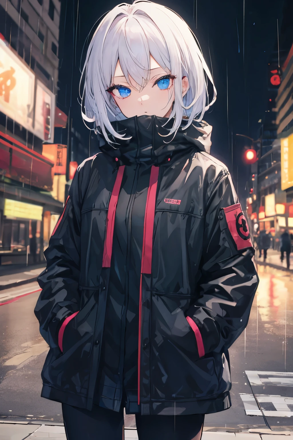 masutepiece, Best Quality, 1 girl in, nightcity, Rain, coat, Detailed face, Detailed eyes, Beauty eyes, Looking at Viewer, Hands in pockets