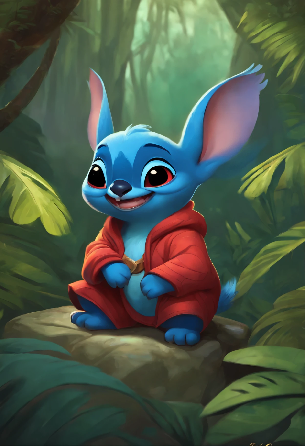 cartoon character sitting on a stone in the jungle, adorable digital painting, cute detailed digital art, mana art, Lilo and Stitch, rob rey, WLOP Painting Style, Disney-style art, anthro art, digital cartoon painting art, disney art style, in style of disney animation